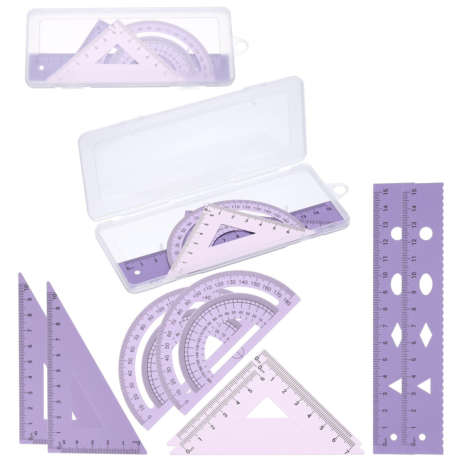 PATIKIL Geometry Set, 2 Pack 6 Inch Aluminum Ruler & 4 Triangles, Metal Protractor Ruler Math Drafting Measuring Tool for Home Office Math Drawing Engineering Art,Gradient Purple