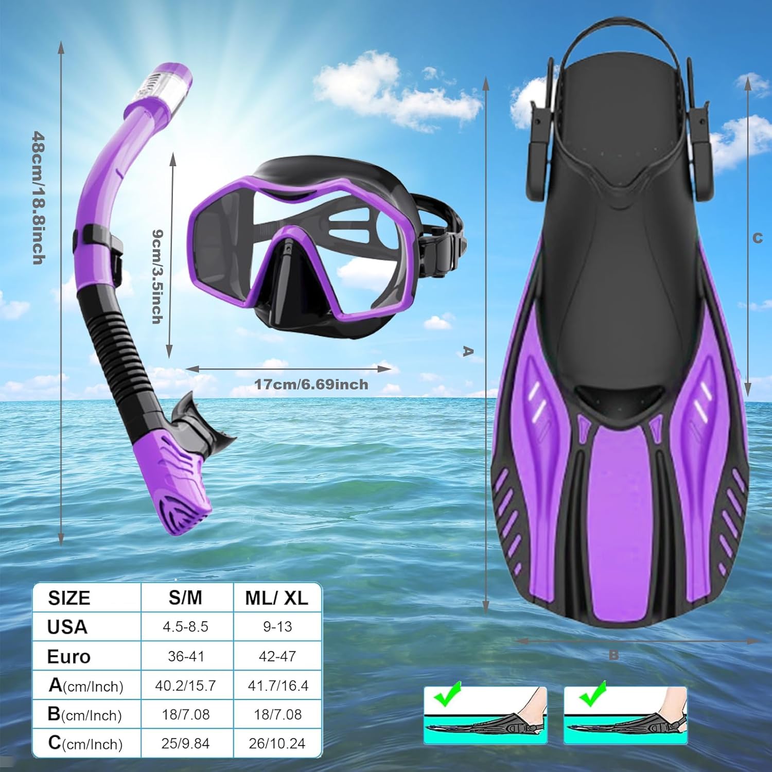 Snorkeling Gear for Adults,Mask Fins Snorkel Set,Panoramic View Diving Mask Anti-Fog,Dry Snorkel,Adjustable Swim Flippers and Travel Bag,Adults Snorkel Gear for Swimming Snorkeling Diving