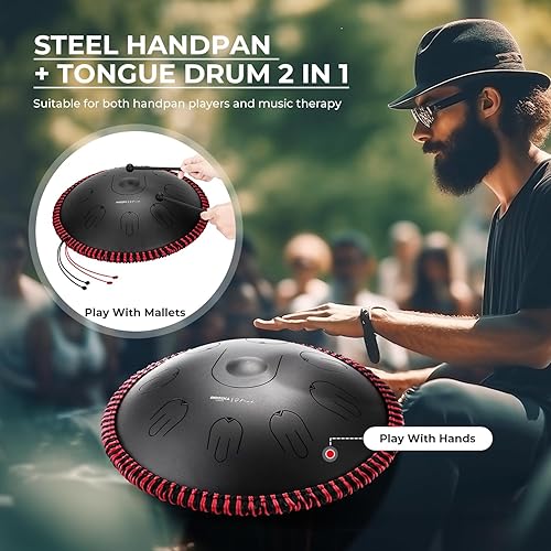 Vista 3 de Moozica Tambor de lengua de acero para mano, 14 pulgadas, 17 notas en re menor con diseño de octava sobretono, instrumento de percusión de tambor