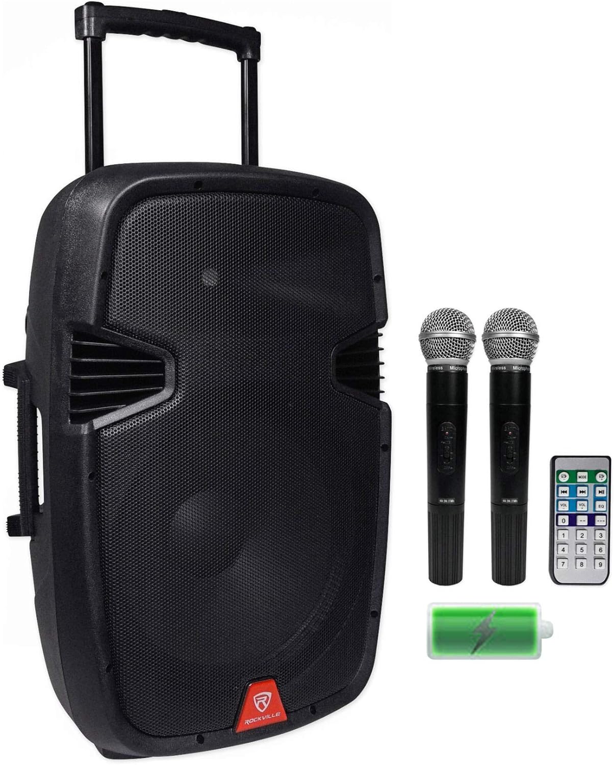 Rockville RAM15BT 15" Portable Rechargeable 800W Home Speaker w/2 Mics, Bluetooth