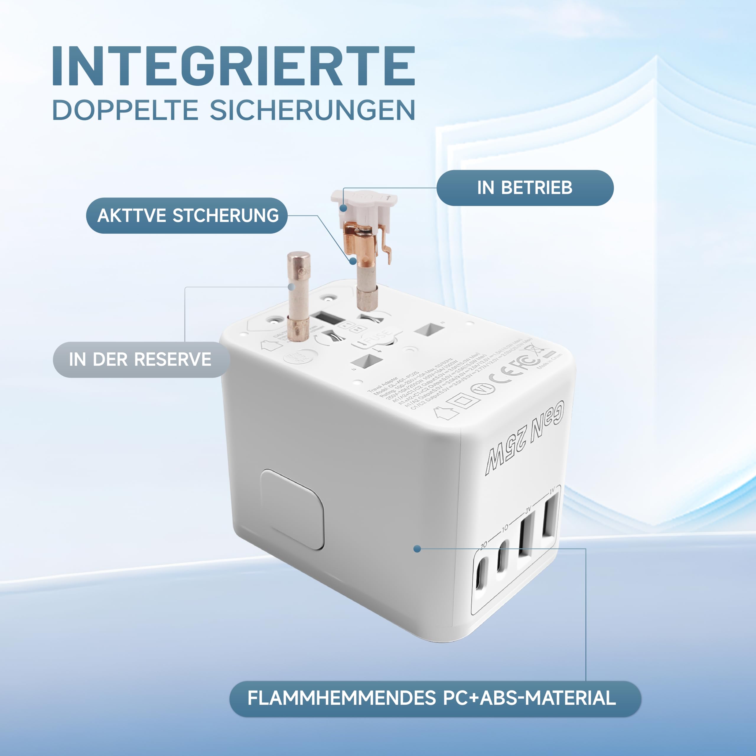 Adattatore da Viaggio Universale 150 Paesi 2 porte USB-A e 1 porta USB-C™ Bianco - Connettori e Adattatori Elettrici - Cavi Alimentazione - Cavi
