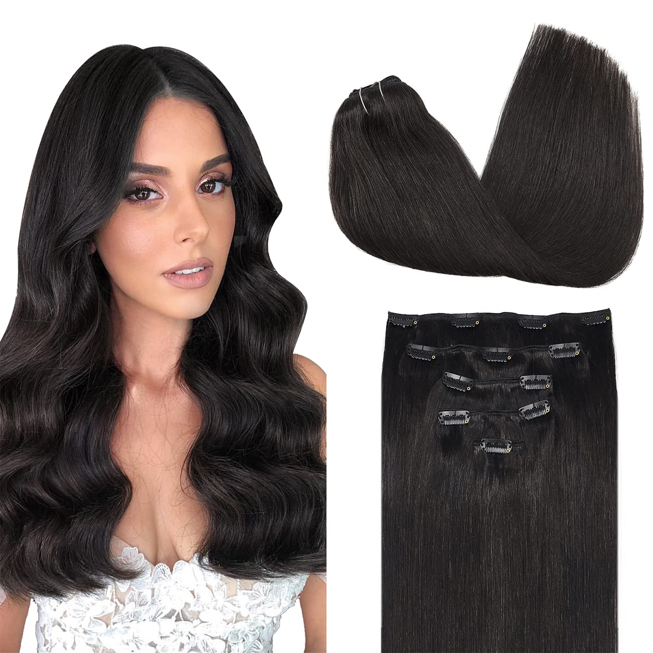 DOORES Clip in Hair Extensions Human Hair, 5pcs 75g 14 Inch Natural Black Real Human Hair Extensions Clip in Remy Straight Natural Hair Extensions