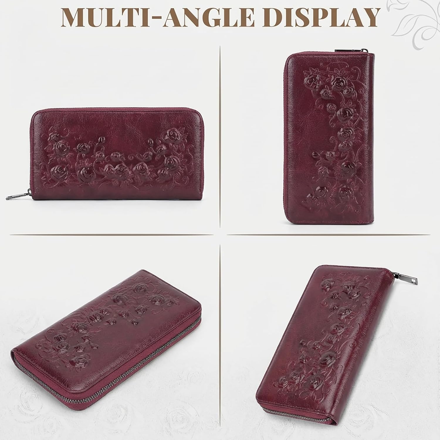 MEITRUE Womens Wallet Large Capacity Phone Clutch Purse RFID Floral Embossed Vegan Leather Travel Wallet with Wristlet Red