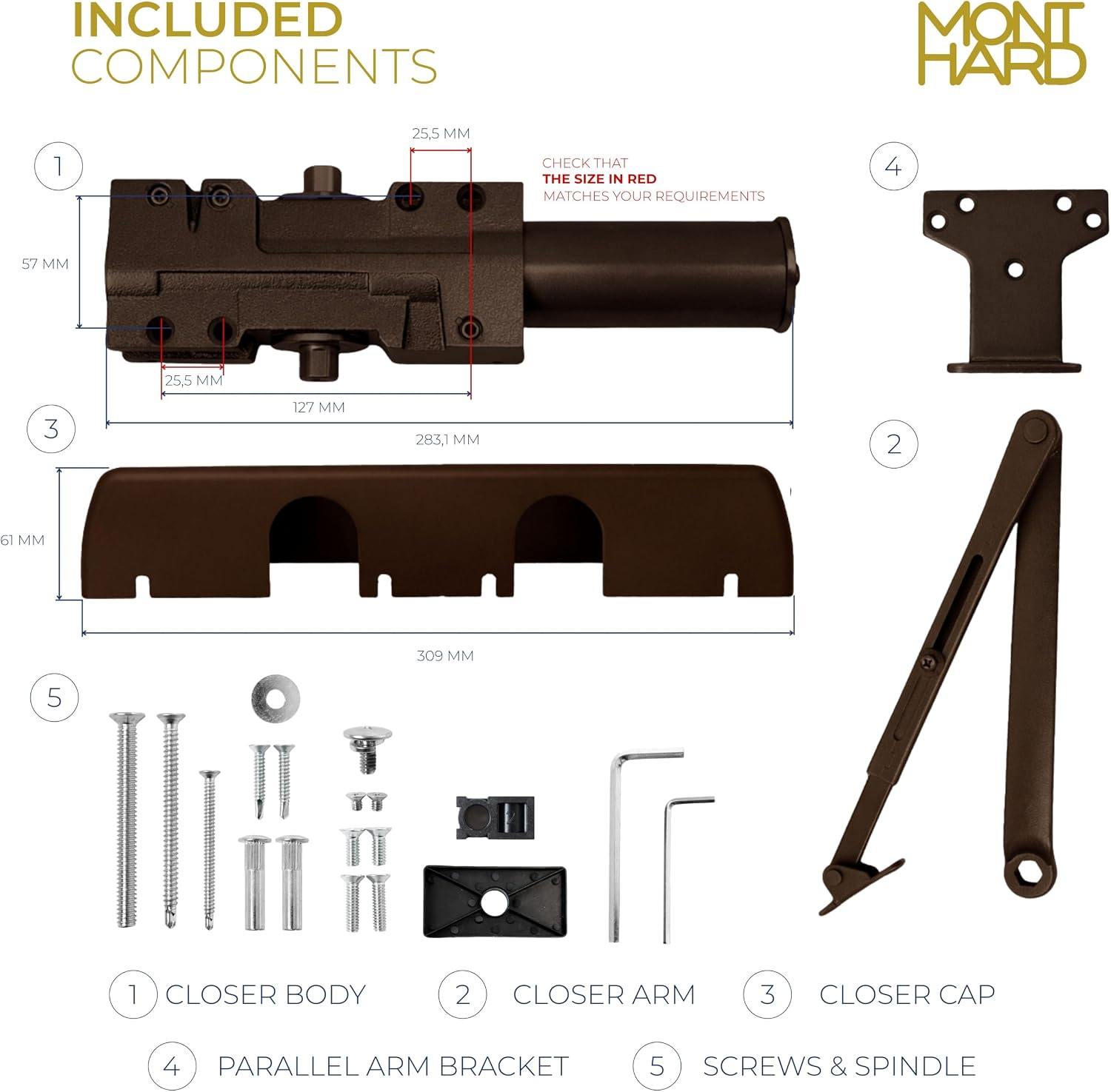 Grade 1 Heavy Duty Commercial Hydraulic Door Closer, Adjustable Spring Size 1-6, Surface Mount, Self-Closing, ADA Compliant, Adjustable Backcheck, Duronotic Bronze Finish