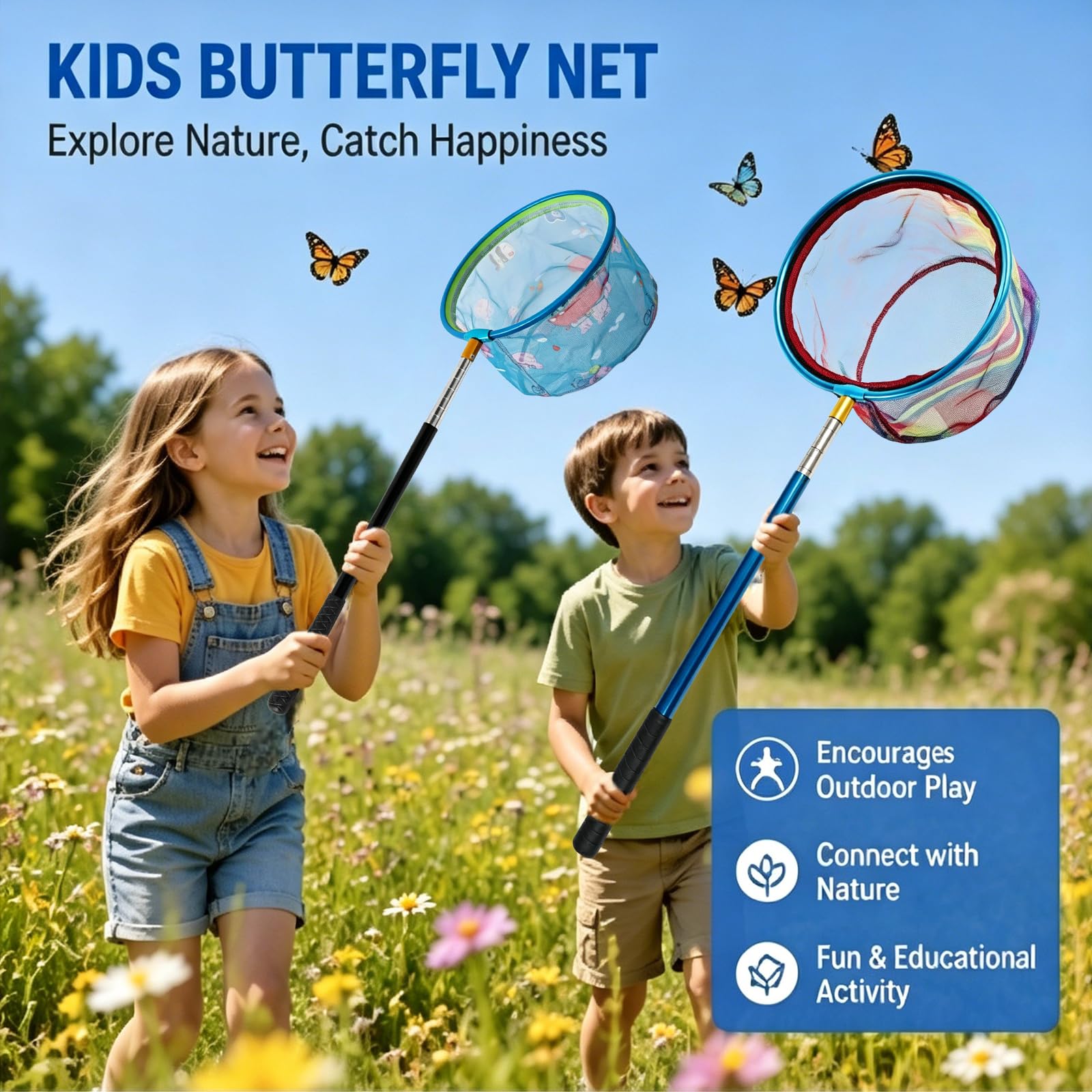2 retini telescopici per bambini, 41,5 – 148 cm, retino da pesca per bambini, retino da pesca, rete a farfalla, retino da pesca, insetti, pesca, spiaggia, stagno, giardino, piscina