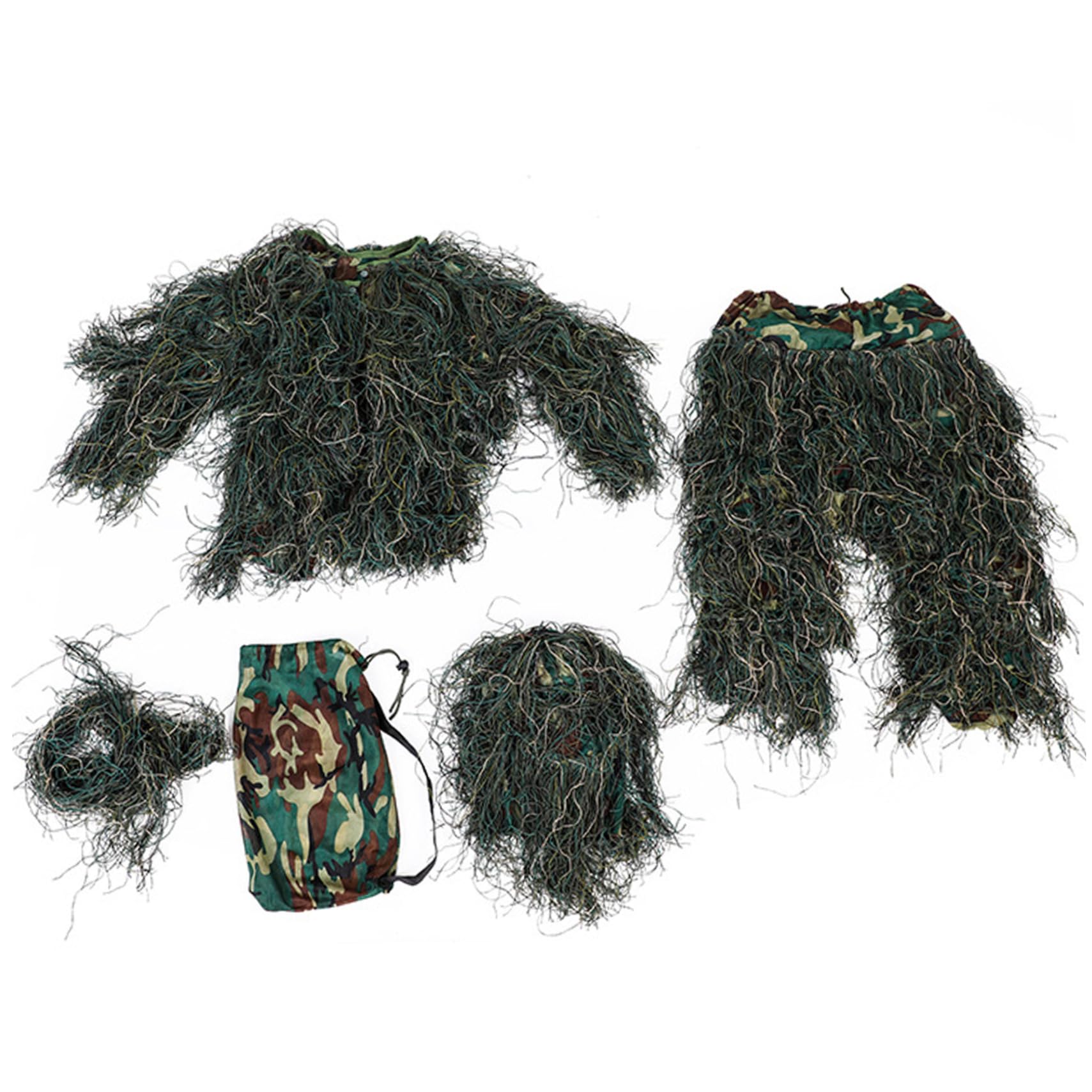 Ghillie Suit per bambini Altezza 43, 31-51, 18 pollici, Tuta mimetica 3D traspirante 5 in 1, Abbigliamento da caccia con giacca, pantaloni, cappuccio, borsa per il trasporto, giocattoli e giochi.