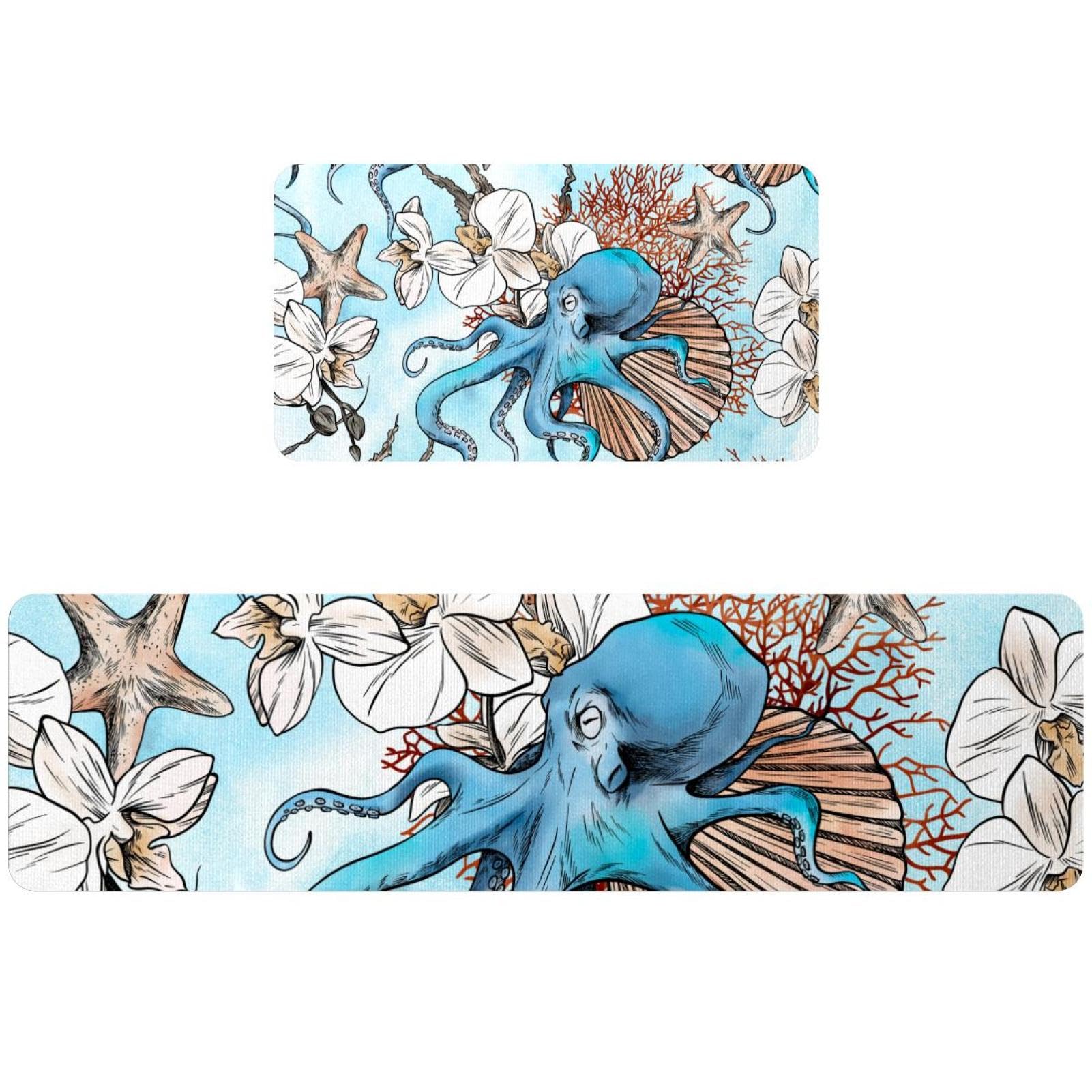 2 tapetes de cocina de pulpo y conchas marinas, juego de alfombras lavables de hogar