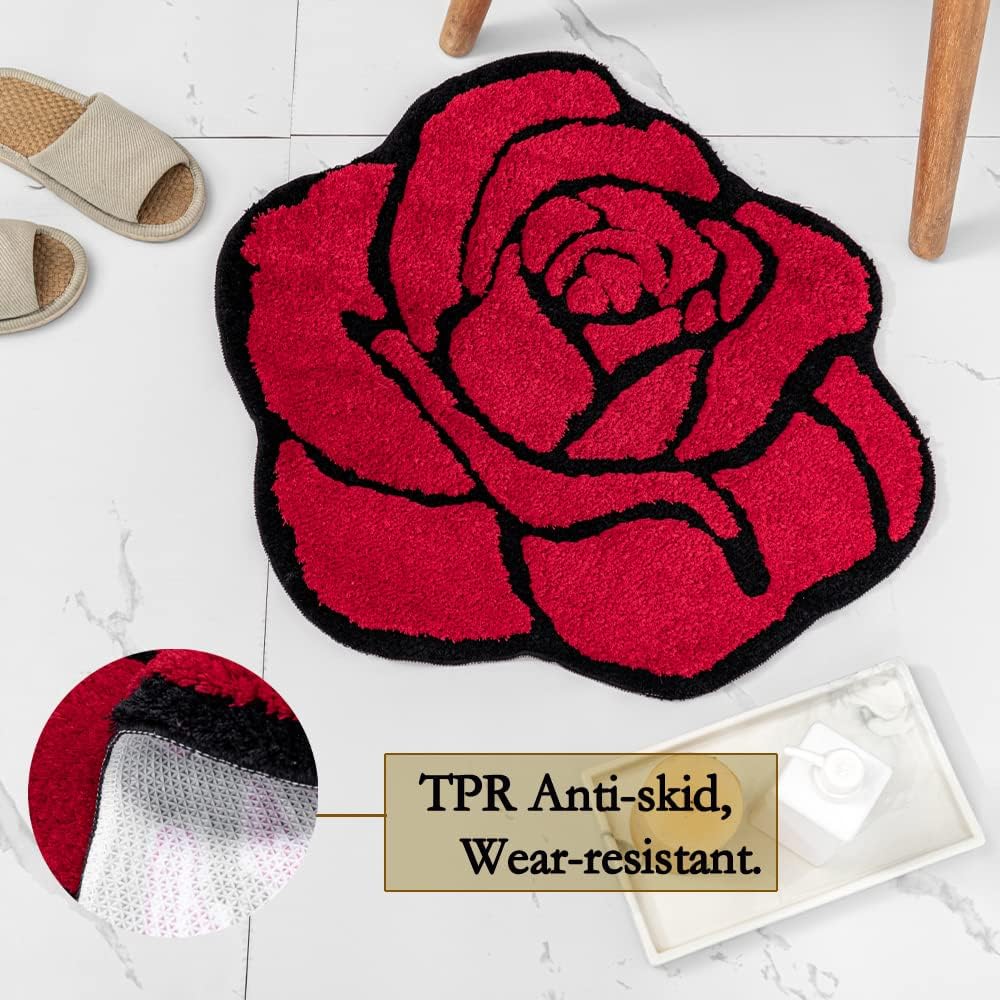 Cute Rose Bath Mat for Bathroom Luxury Red Bathroom Mats Non Slip Flower Shaped Bathtub Rug Floral Bathroom Plush Shower Rugs Washable Modern Accent Small Area Rug Toilet 23.6x25.5in