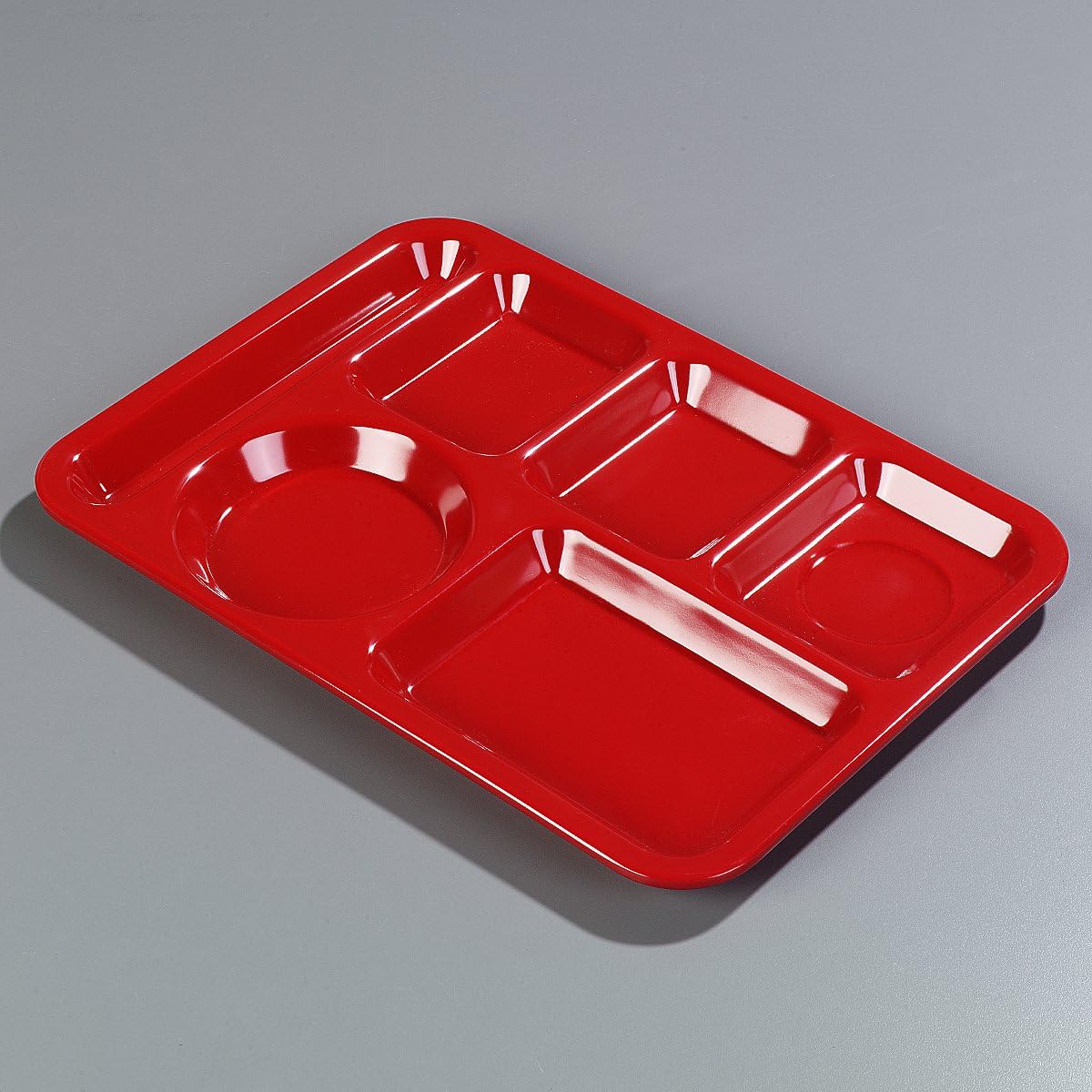 Carlisle FoodService Products Plastic Meal Tray Left-Handed Heavyweight Lunch Tray with 6-Compartments for Schools, Cafeterias, and Dining Halls, Melamine, 14 x 10 Inches, Red, (Pack of 12)