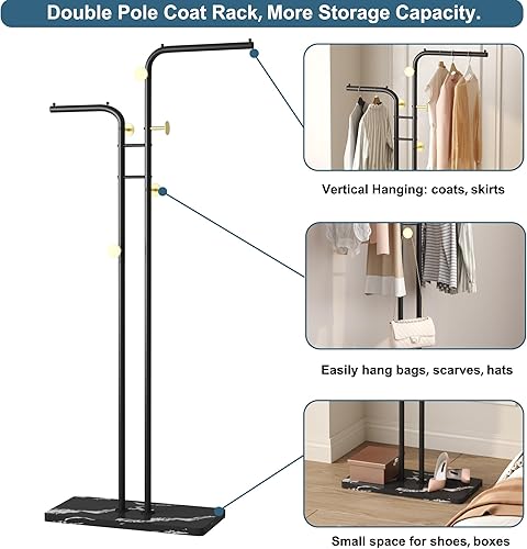 Miniatura 4 de HOMEFORT Perchero de doble polo, perchero de metal independiente, soporte para sombrero de ropa con 5 ganchos para armario, dormitorio, entrada,