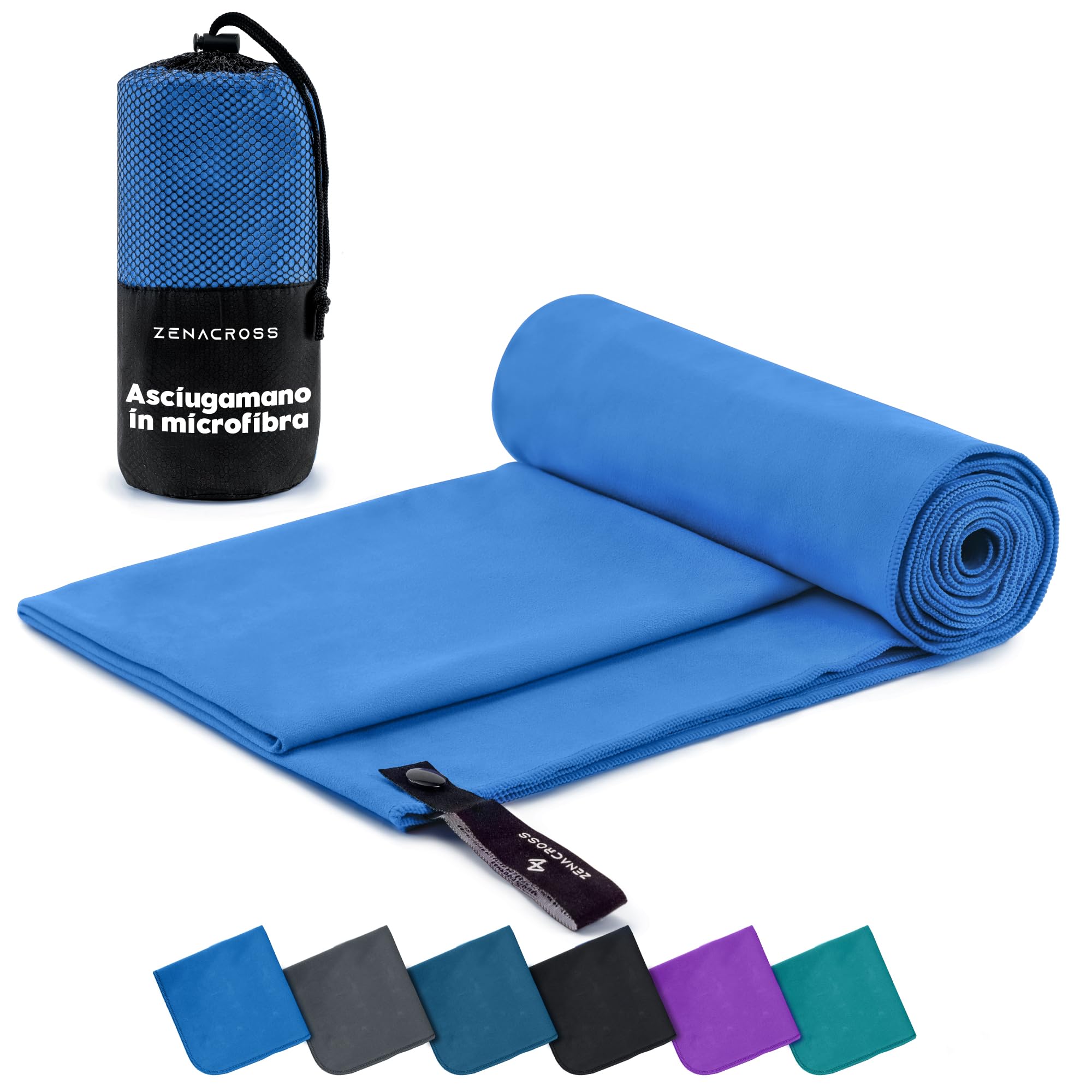 Zenacross Asciugamano Palestra con Borsa per il Trasporto - Asciugamano Microfibra a Rapida Asciugatura e Versatile - Telo Palestra Taglie XXL - 200 x 100 cm - Blu