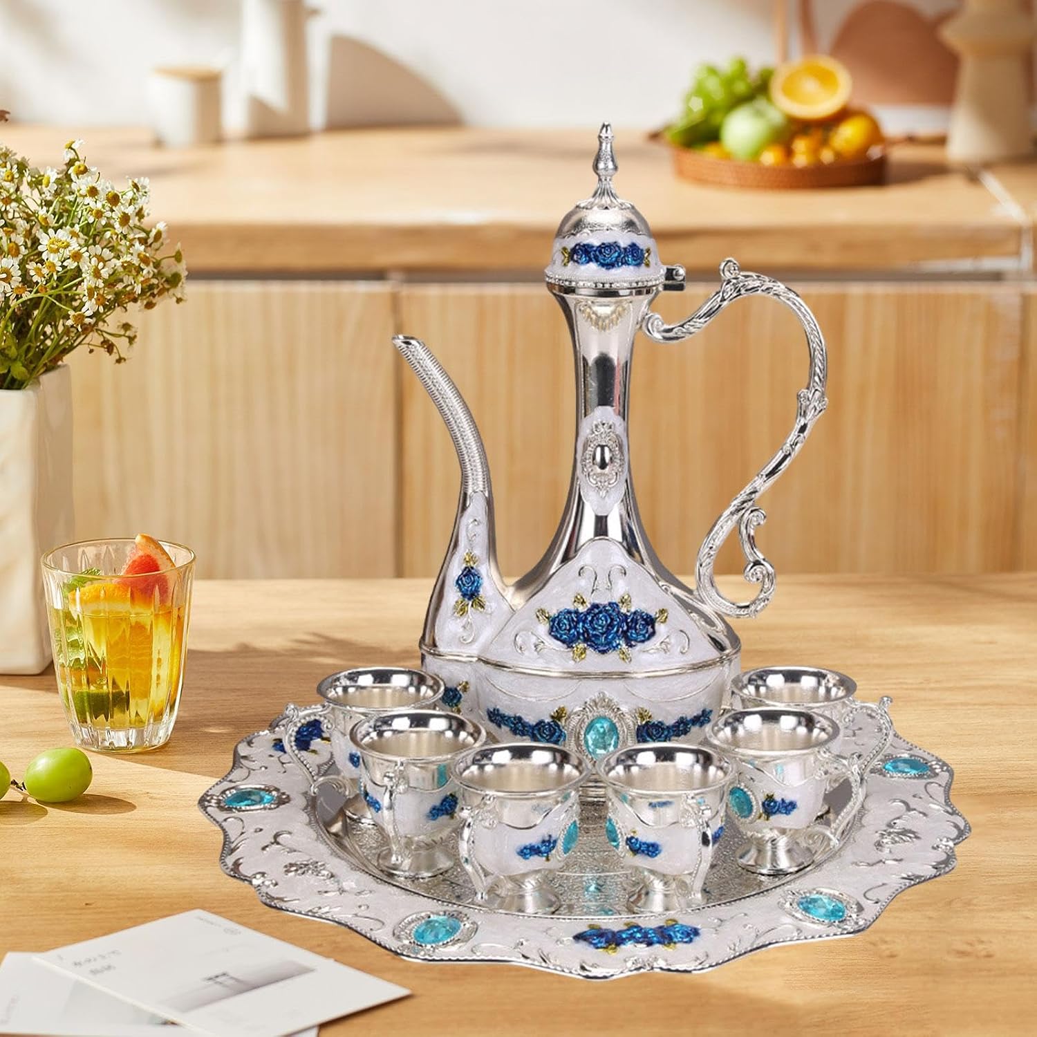 Vintage Turkish Coffee Pot Set Metal Wine Glass Jug Set Beverage Drinkware Tea Serving Set for Living Room Home Wedding, Gold(Blue)