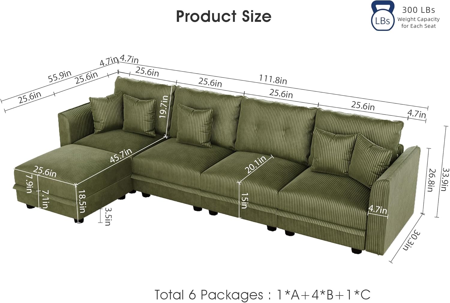 LLappuil Plush Corduroy Storage Modular Sectional Sofa | L Shaped Couch, 5-Seater, 4 Throw Pillows, Free Combination, Green Sofa
