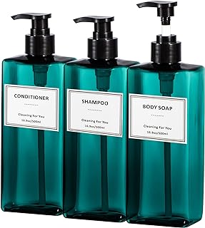 Plastic Shampoo and Conditioner Dispenser, Yeeco Refillable Pump Bottles Blue Shampoo Dispenser 16.9oz/500ml Shampoo Bottles with Pump 3 Packs for Bathroom, Kitchen, Hotel - Lake Blue