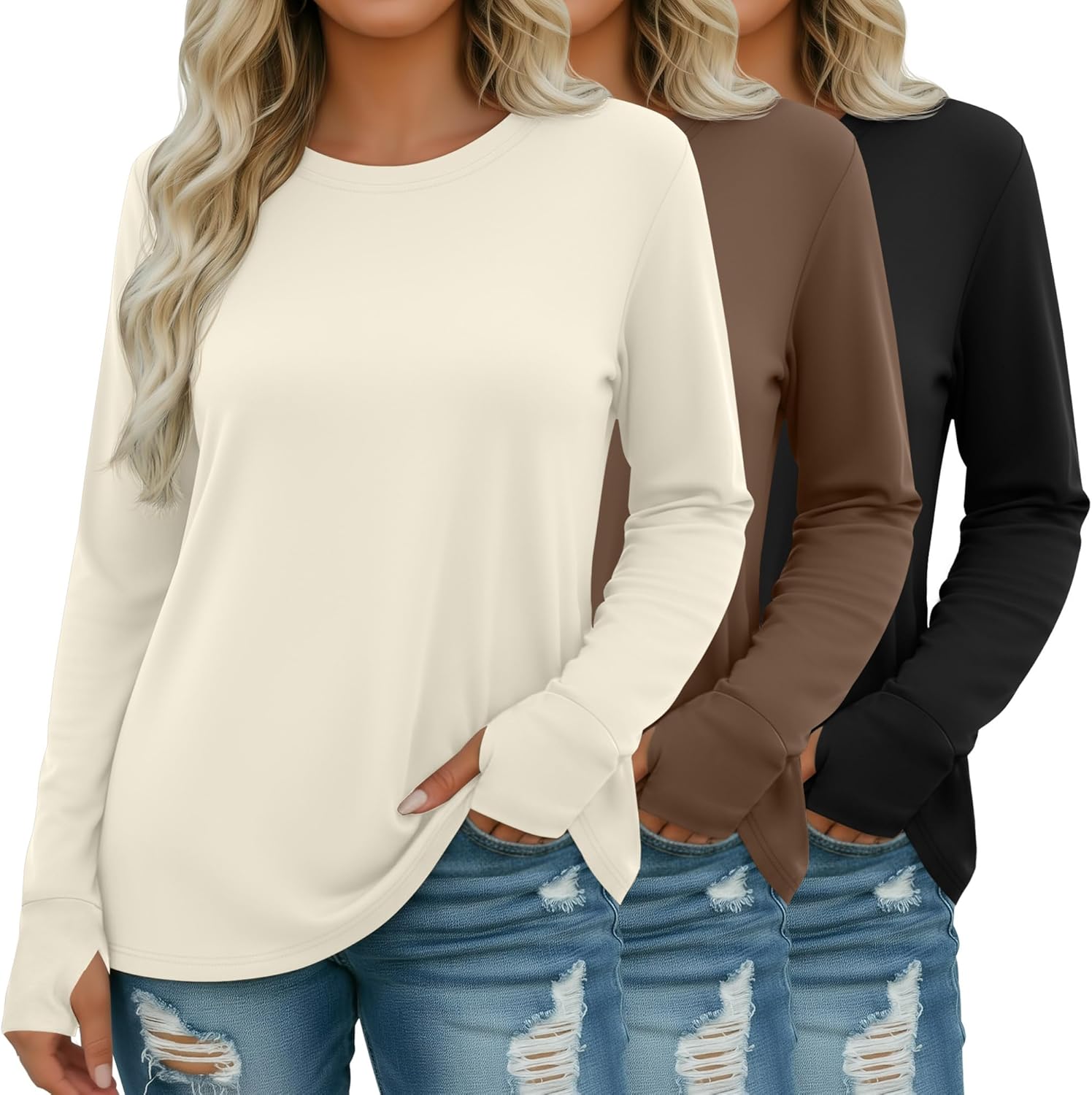 3 Pack Women's Cotton Plus Size Tunic Tops Thumb Hole Crew Neck Long Sleeve Shirts Casual Loose Y2k Trendy Outfits