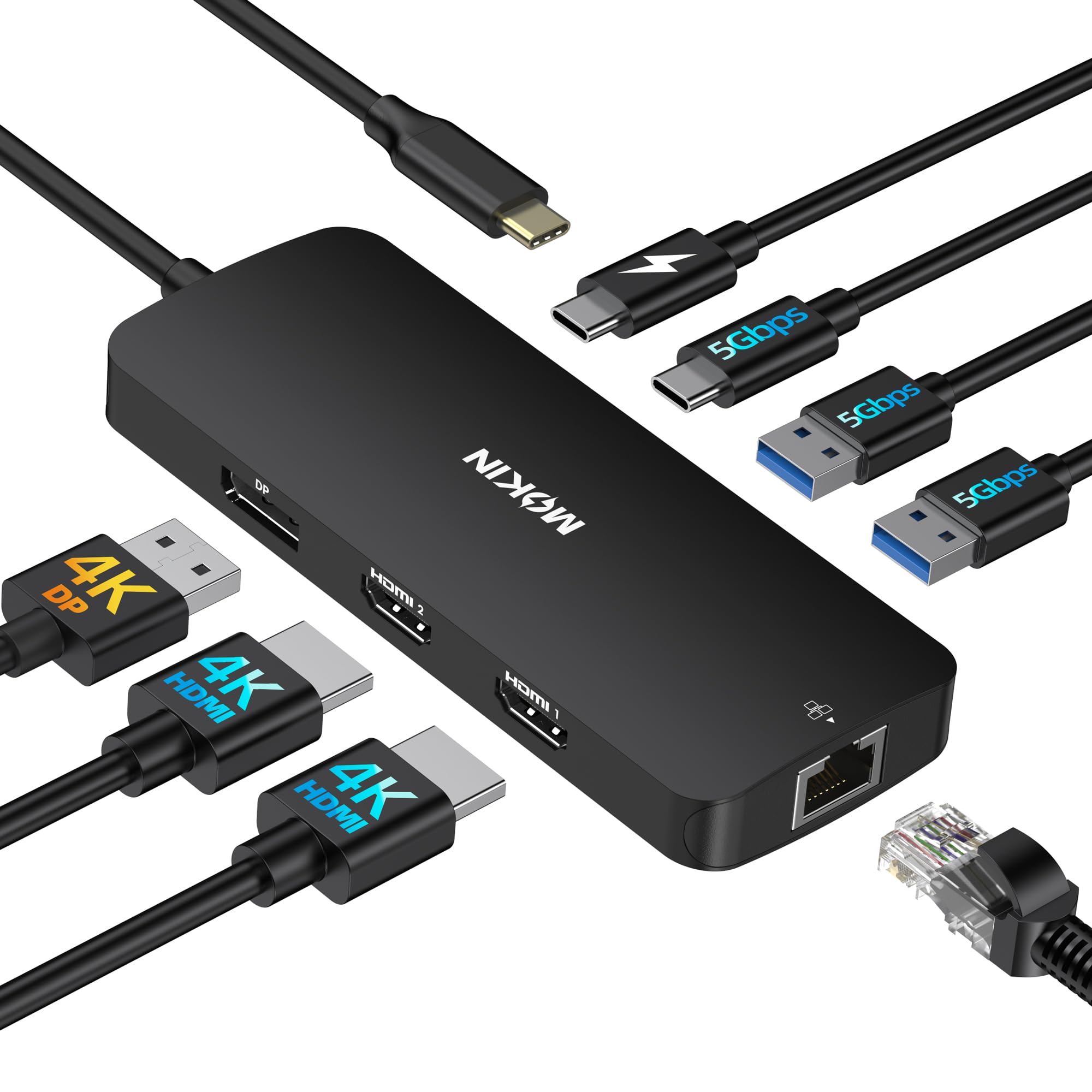 USB C Docking Station Dual Monitor 8 in 1 USB C Hub 2 HDMI, DisplayPort, Gigabit Ethernet, 100W PD Charging, 3 USB A/C 3.0 Ports, Laptop Docking Station for MacBook/Dell/HP/Lenovo/Surface(Schwarz)