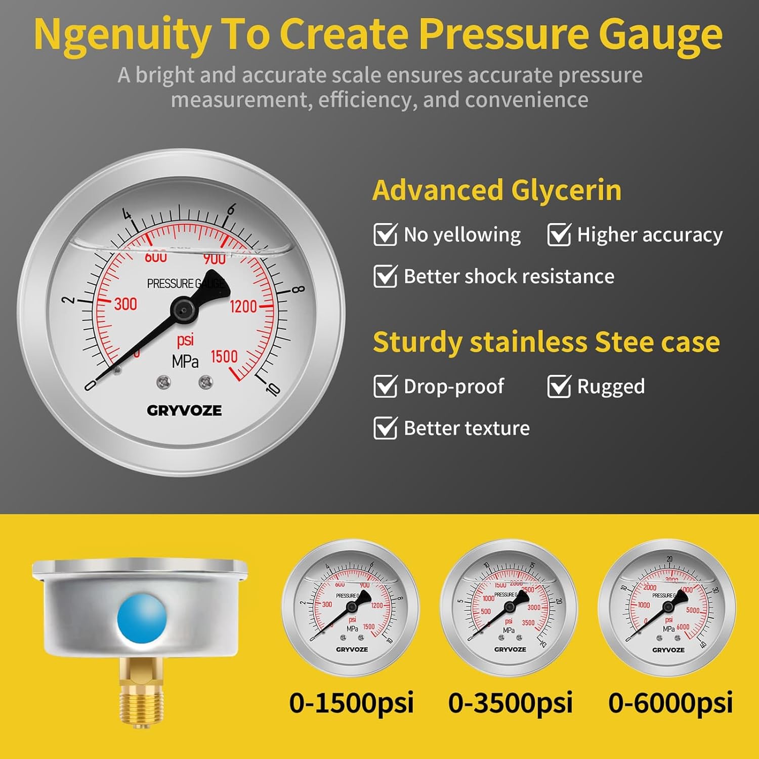 Hydraulic Nitrogen Accumulator Charging Kit, Pressure Test System, Nitrogen Fill Kit, Gas Charge Tools with 3 Gauges (1500, 3500, 6000 PSI), 8 Adapters, 1 Gas Hose, Aluminum Suitcase