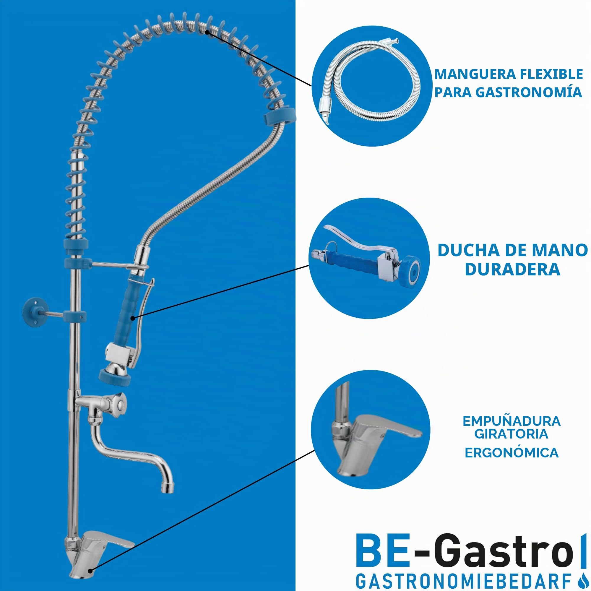 BE-GASTRO I Grifo Industrial Hostelería - Alcachofa de ducha con un solo agujero incluye grifo, grifo mezclador y mango ergonómico de palanca I grifería para gastronomía