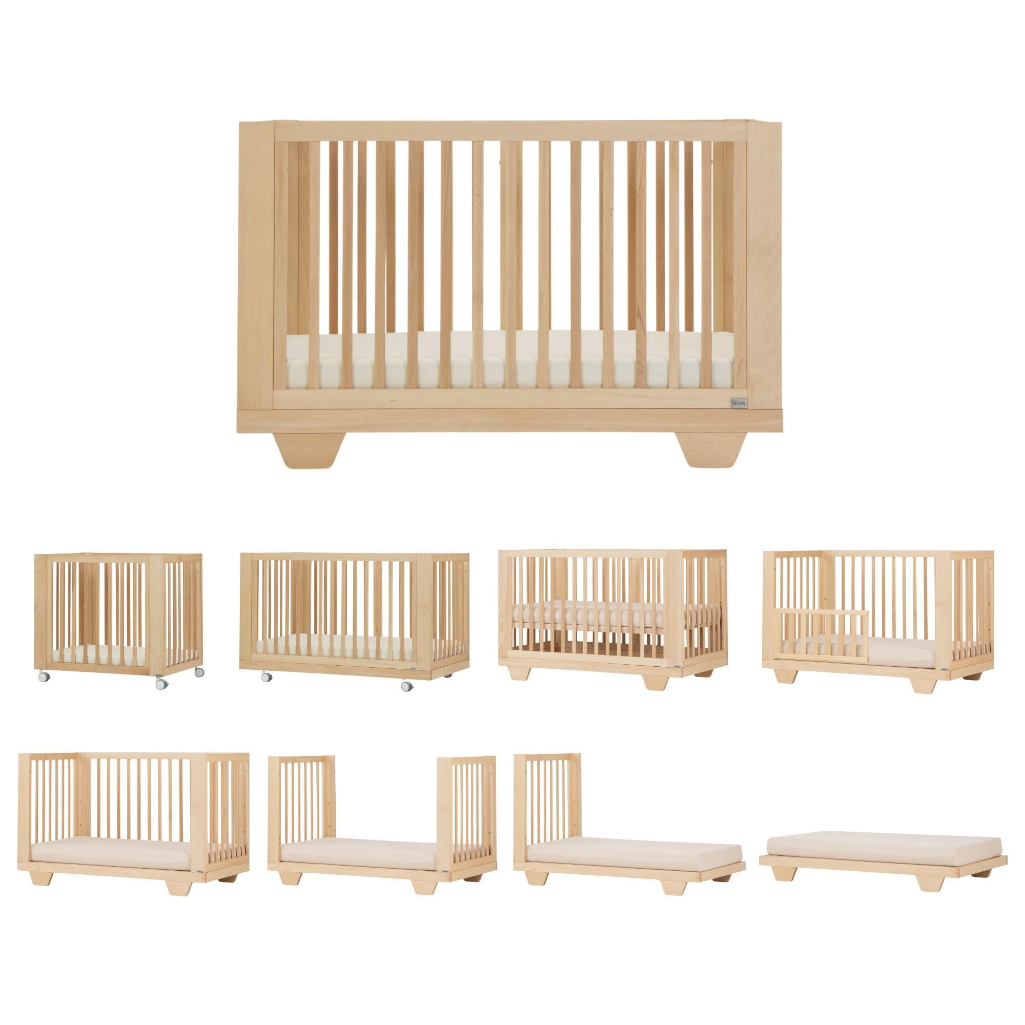 dadada Spirit 8-in-1 Convertible Crib to Toddler Bed & Floor Bed, Made in Italy, Greenguard Gold Certified, Adjustable Mattress Heights (Natural)