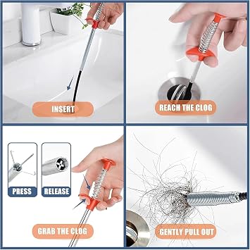 33 Drain Snake, 4-Claw Flexible Grabber Claw for Sink/Shower/Bathtub, Narrow Space Drain Hair Removal Tool