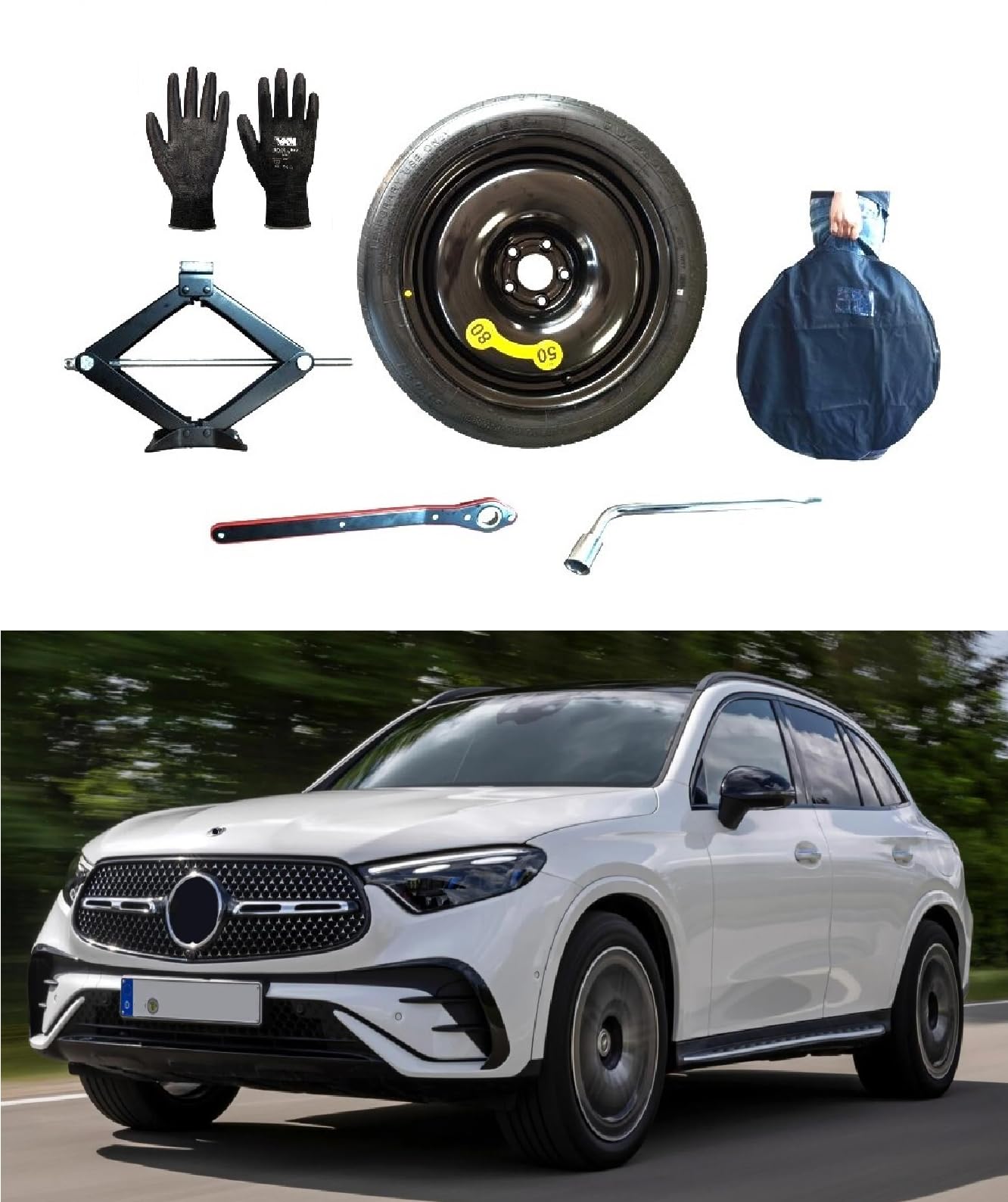 Kit rueda de repuesto 18" compatible con Mercedes GLC (2015>) con gata, llave, guantes y funda