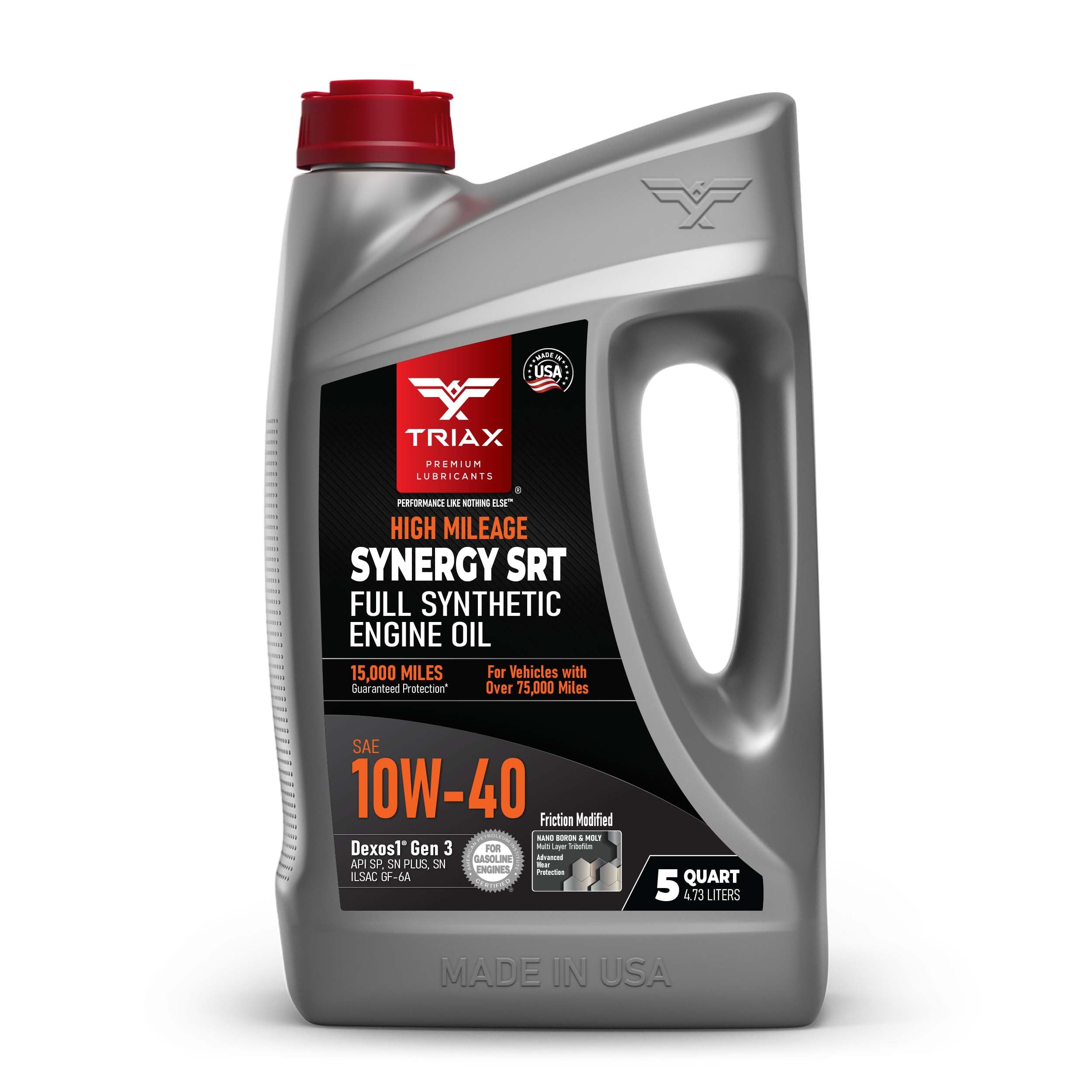 TRIAX Synergy SRT 10W-40 - Full Synthetic, Friction Modified Engine Oil - 20K Miles, API SP Licensed, 3x Wear Protection - Nano Boron and Moly Friction Modified (5-Qt)
