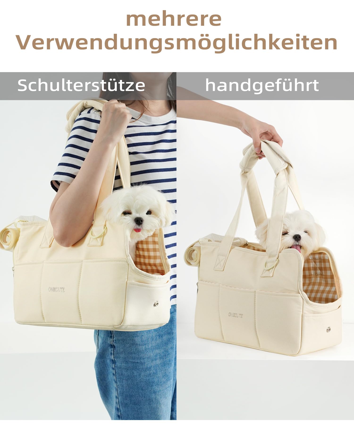 ONECUTE Hundetrage für kleine Hunde Kaninchen Katze mit großen Taschen, Baumwolltasche, Hundetrage Soft Sided, zusammenklappbar Travel Puppy Carrier (Beige, 34 * 16 * 25 cm ±1-2 cm Handgemessen)