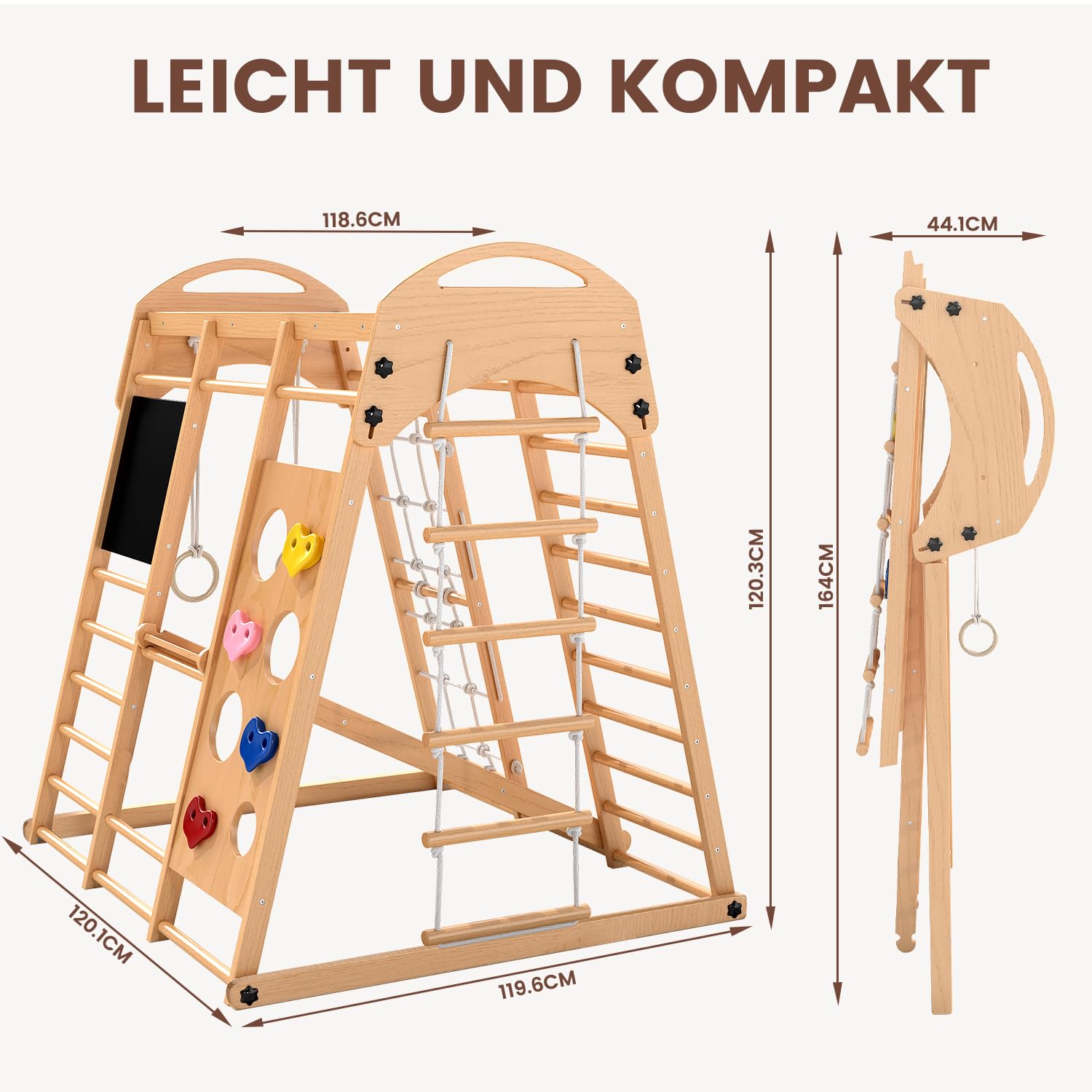 Klettergerüst Indoor Klappbar, Montessori 9-in-1 Holzspielplatz mit Rutsche, Schaukel & Kletternetz, Sprossenwand Kletterdreieck für Kinder 1-6 Jahre (Natur)