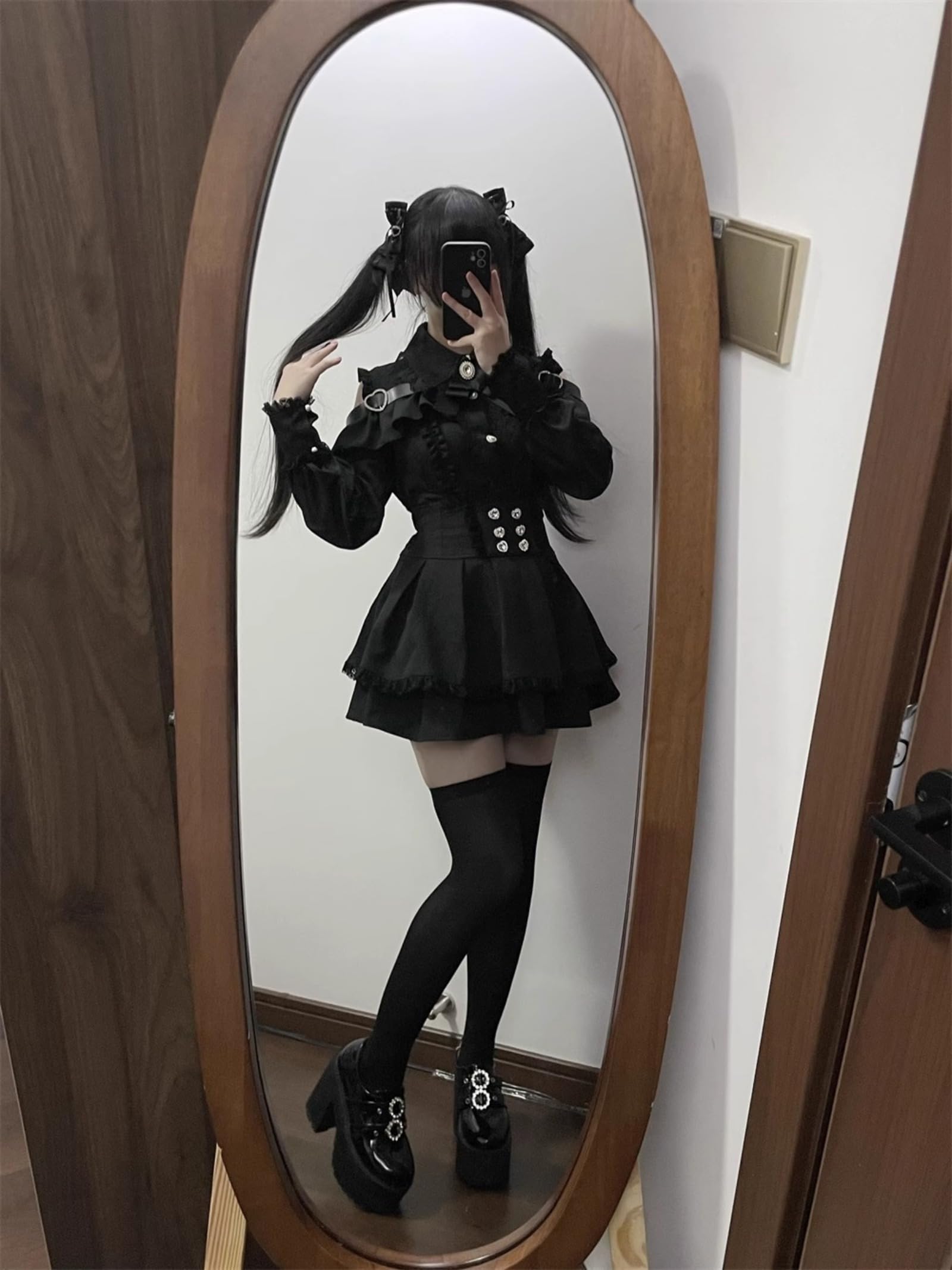 Wayolyn Lolita Shirts Jirai Kei Fashion Kawaii Clothing Goth Shirts Women Lace Mesh Sheer Long Sleeve Blouse: Black X-Large