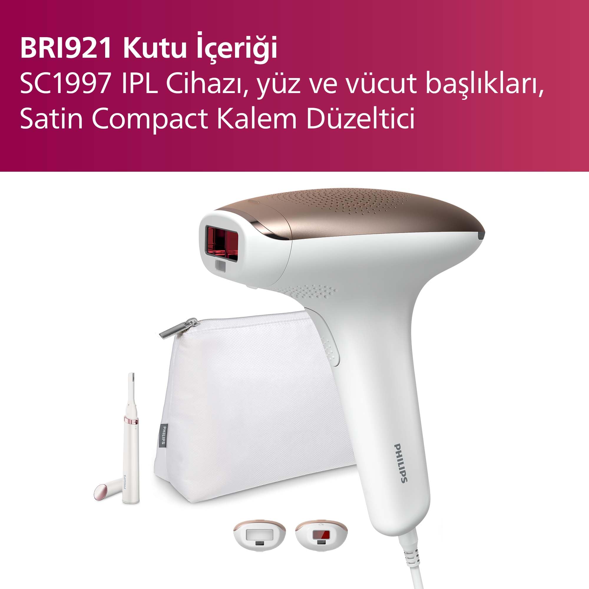 Philips Lumea BRI921/00 - Dispositivo di depilazione IPL avanzato con 2 attacchi per viso e corpo, edizione speciale Beauty con rifinitore a penna compatta satinato, con rifinitore a penna compatta