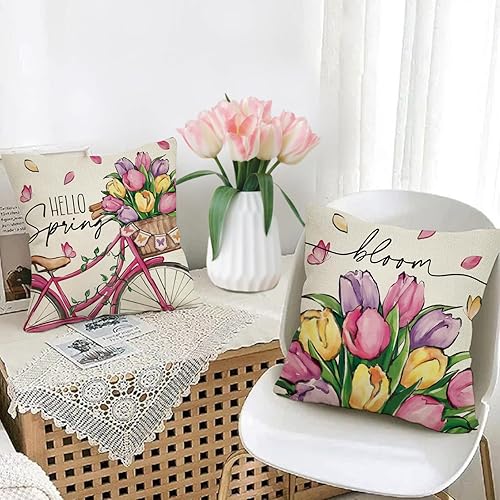Miniatura 6 de Fjfz Hello Spring Tulip Flower Bike - Juego de 4 fundas de almohada decorativas para bicicleta, 18 x 18 pulgadas, Bloom Grow Love Spring Pink