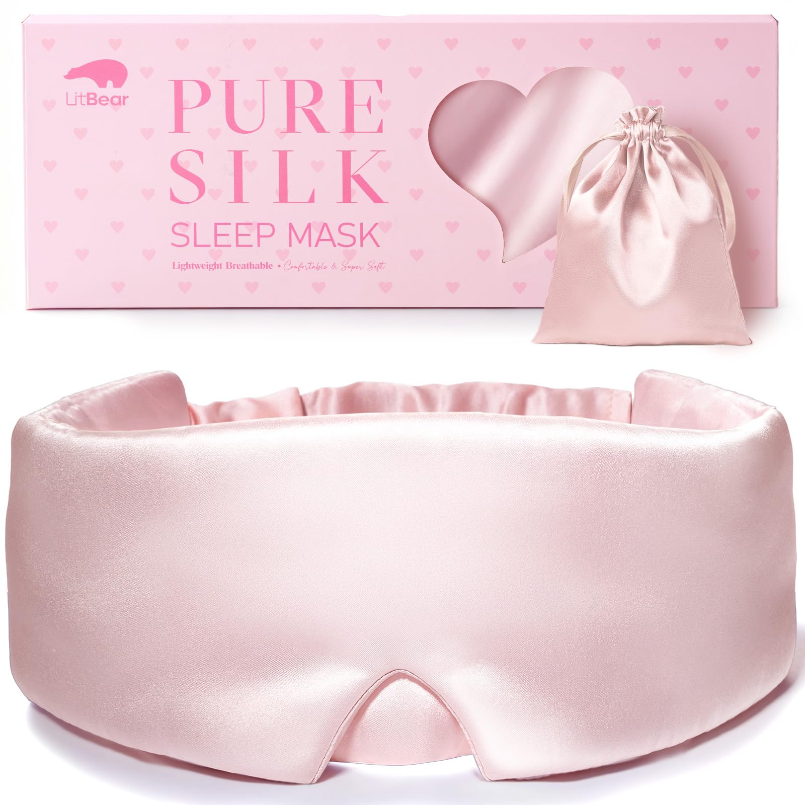 LitBear Silk Sleep Mask for Side Sleeper, Travel, Airplane, Pale Pink