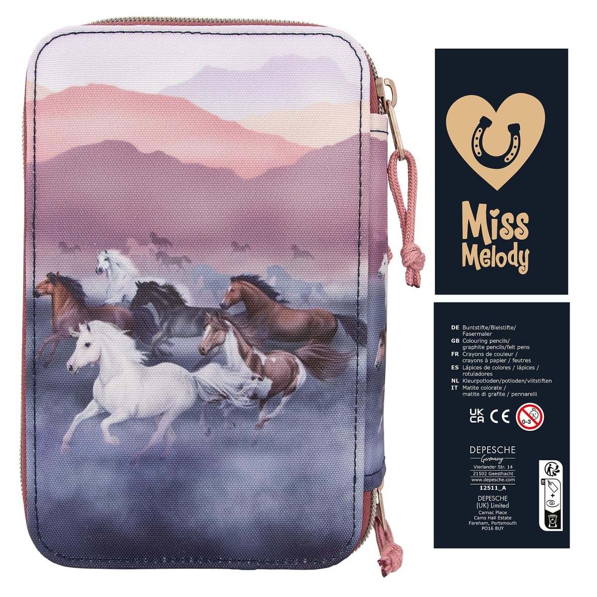 Depesche 12511 Miss Melody Night Horses - Gefüllte 3-Fach Federtasche, Herden Motiv, Federmäppchen mit Buntstiften, Lineal, Schere uvm.