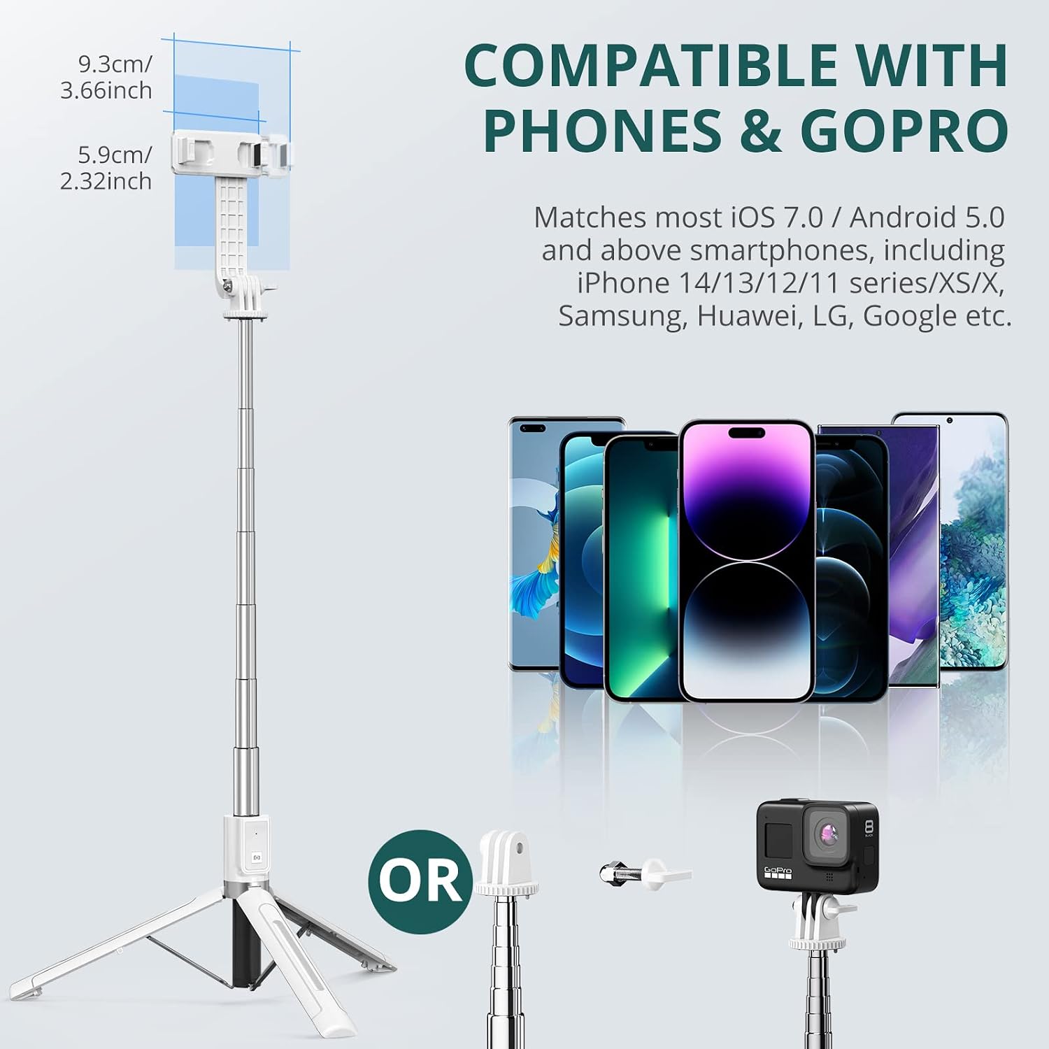 ATUMTEK 49" Selfie Stick Tripod, Stable Tripod Stand with Detachable Bluetooth Remote, Compatible with iPhone 14 Pro Max/14 Plus/14/13/12/11, GoPro, Samsung, LG, Google Smartphones, White