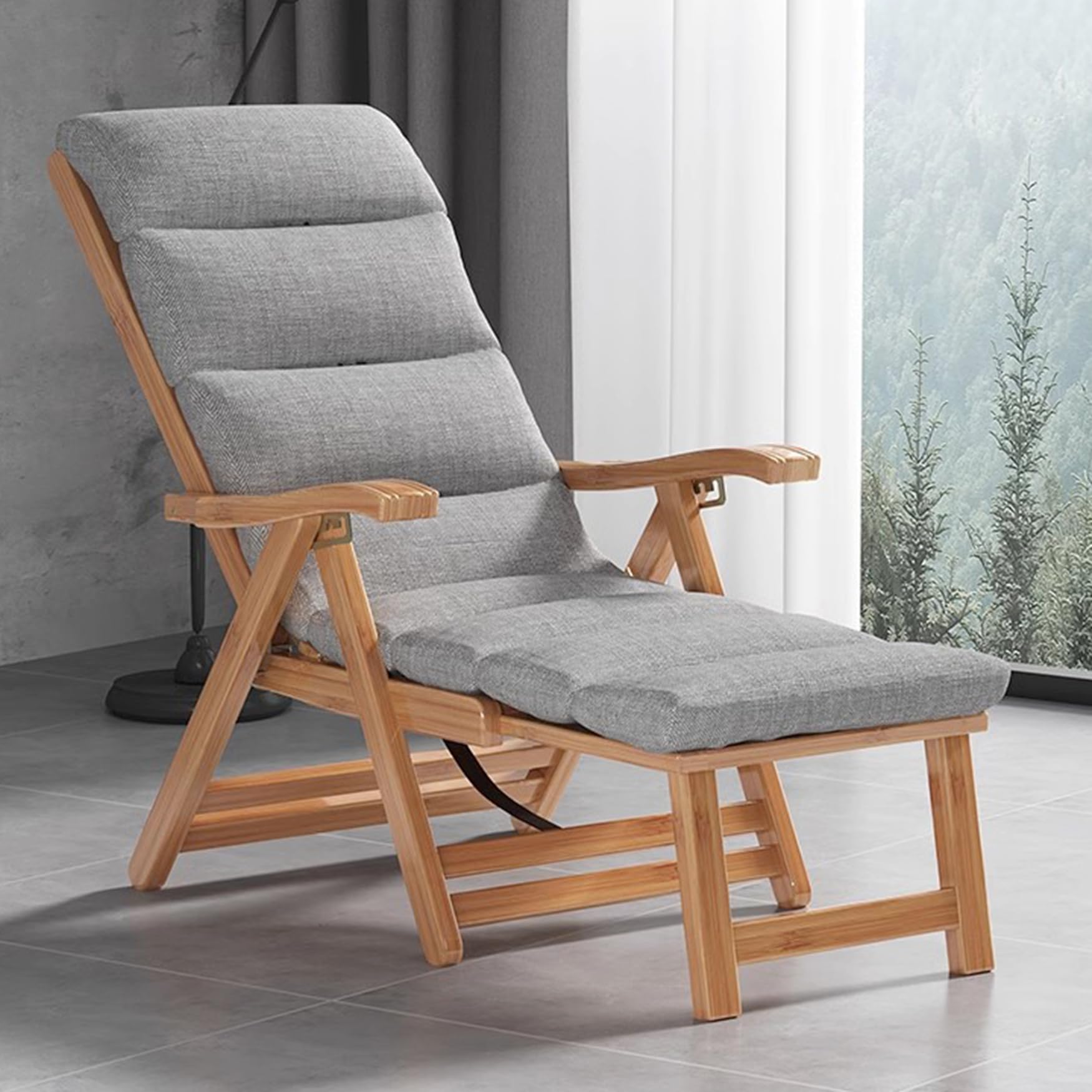 Sedia a Sdraio in Legno Sedia Reclinabile da Esterno, Lettino Prendisole da Giardino Regolabile in 5 Posizioni, Poltrona Salotto Pieghevole per Balcone Terrazza, con Cuscino