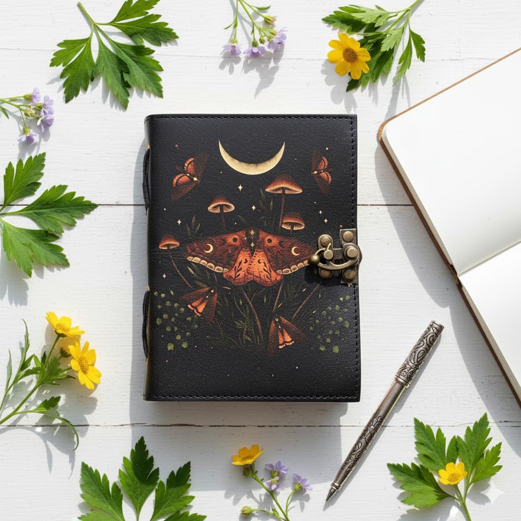 Blank Spell Book of Shadows Journal with Lock Clasp Vintage Handmade Leather Luna Moths and Morpho Butterfly Print Diary Prayer Pagan Witchcraft Supplies Wiccan Decor Notebook Daily      Office Product