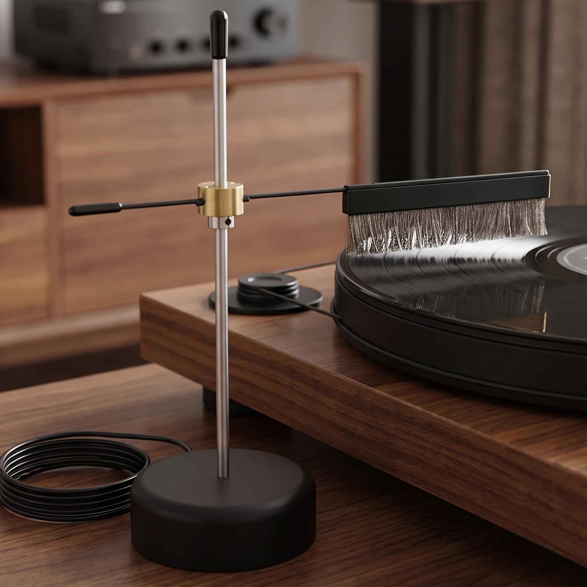 Braccio Professionale per La Pulizia dei Dischi in Vinile, Spazzola Antistatica per Giradischi Hi-Fi, Braccio per La Pulizia Senza Contatto con Filo di Messa A Terra, Altezza Regolabile
