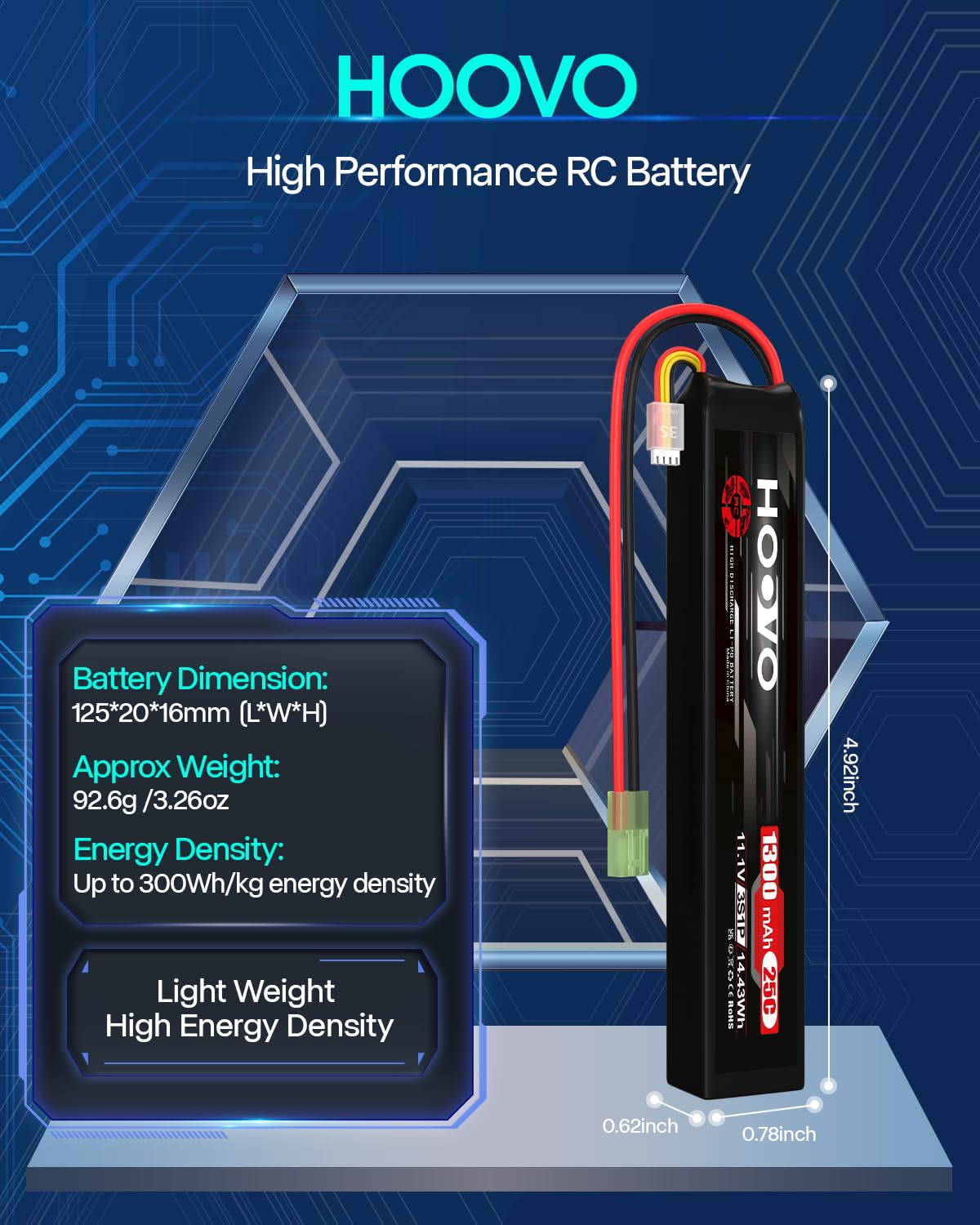 HOOVO Airsoft Battrie 1300mAh 3S 11.1V 25C Batterie Lipo Batterie Rechargeable pour Pistolet Airsoft avec Mini Prise Tamiya (Pack de 2)