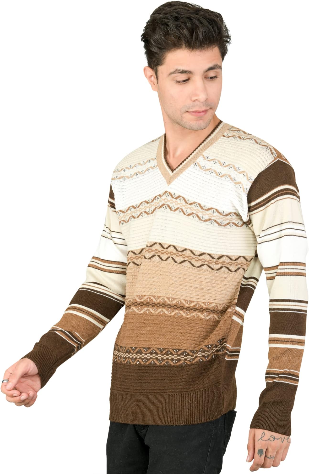MONT CONNETTMen Woolen V-Neck Printed Self Design Pullover Heavy Rainbow Fabric Winter Wear Pure Wool Cardigan for Men Long Coaty Fully Warm Pullover Cardigans Free Sizes