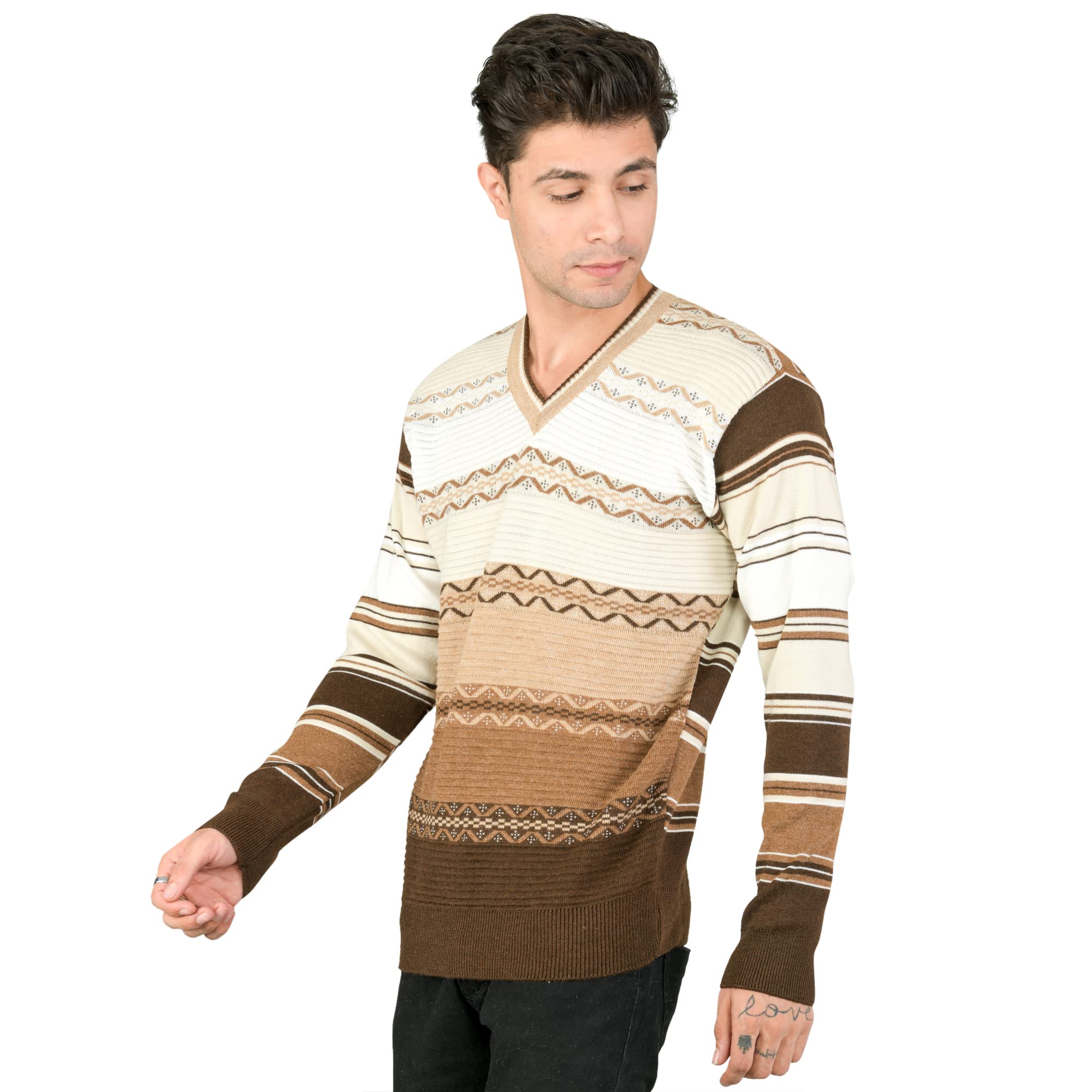 MONT CONNETTMen Woolen V-Neck Printed Self Design Pullover Heavy Rainbow Fabric Winter Wear Pure Wool Cardigan for Men Long Coaty Fully Warm Pullover Cardigans Free Sizes