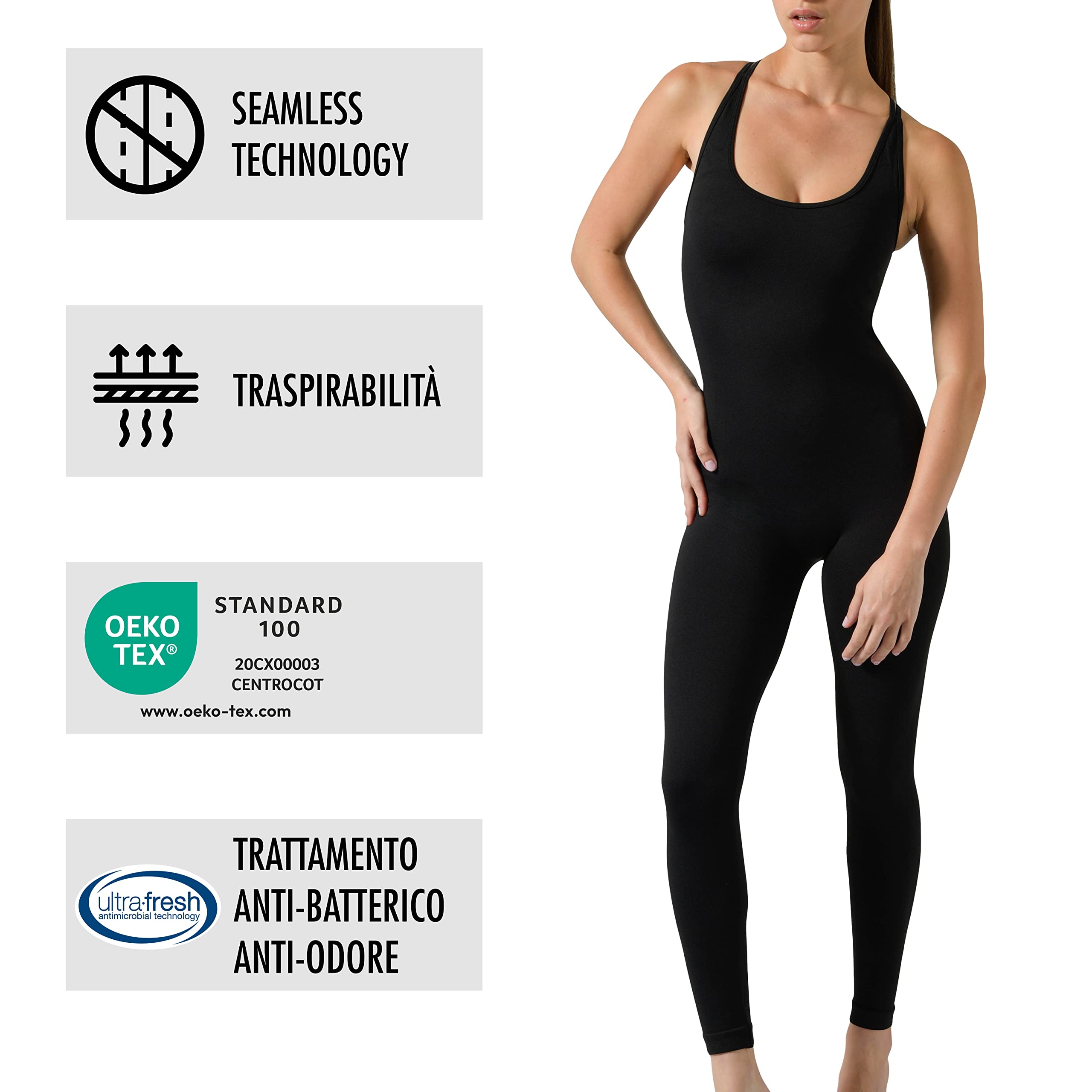 Risalti Tuta Jumpsuit Donna Sportiva - Tutina Aderente Lunga, Senza Maniche, Tuta Intera, Attillata, Elegante, Seamless, Fitness, Yoga, Palestra - Made in Italy