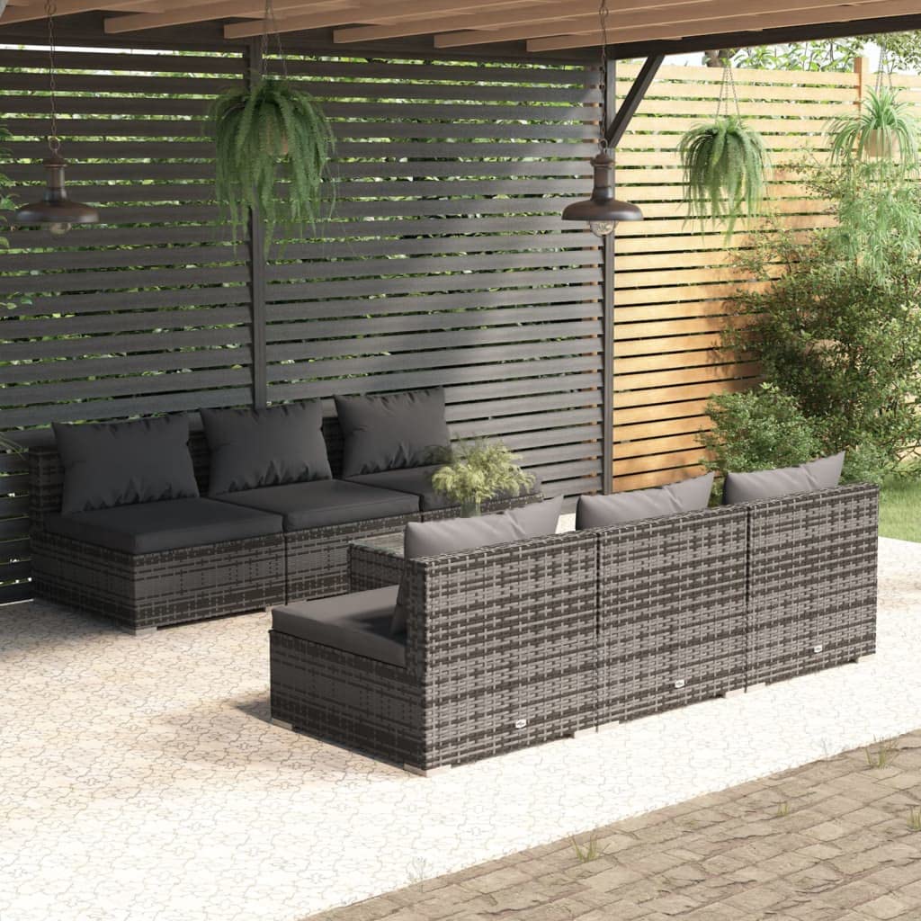 Set Divani da Giardino 7 pz in Polyrattan Grigio con Cuscini Rimovibili per Relax Spazi Esterni Tavolo Lounge Modulare per Terrazza Balcone e Veranda