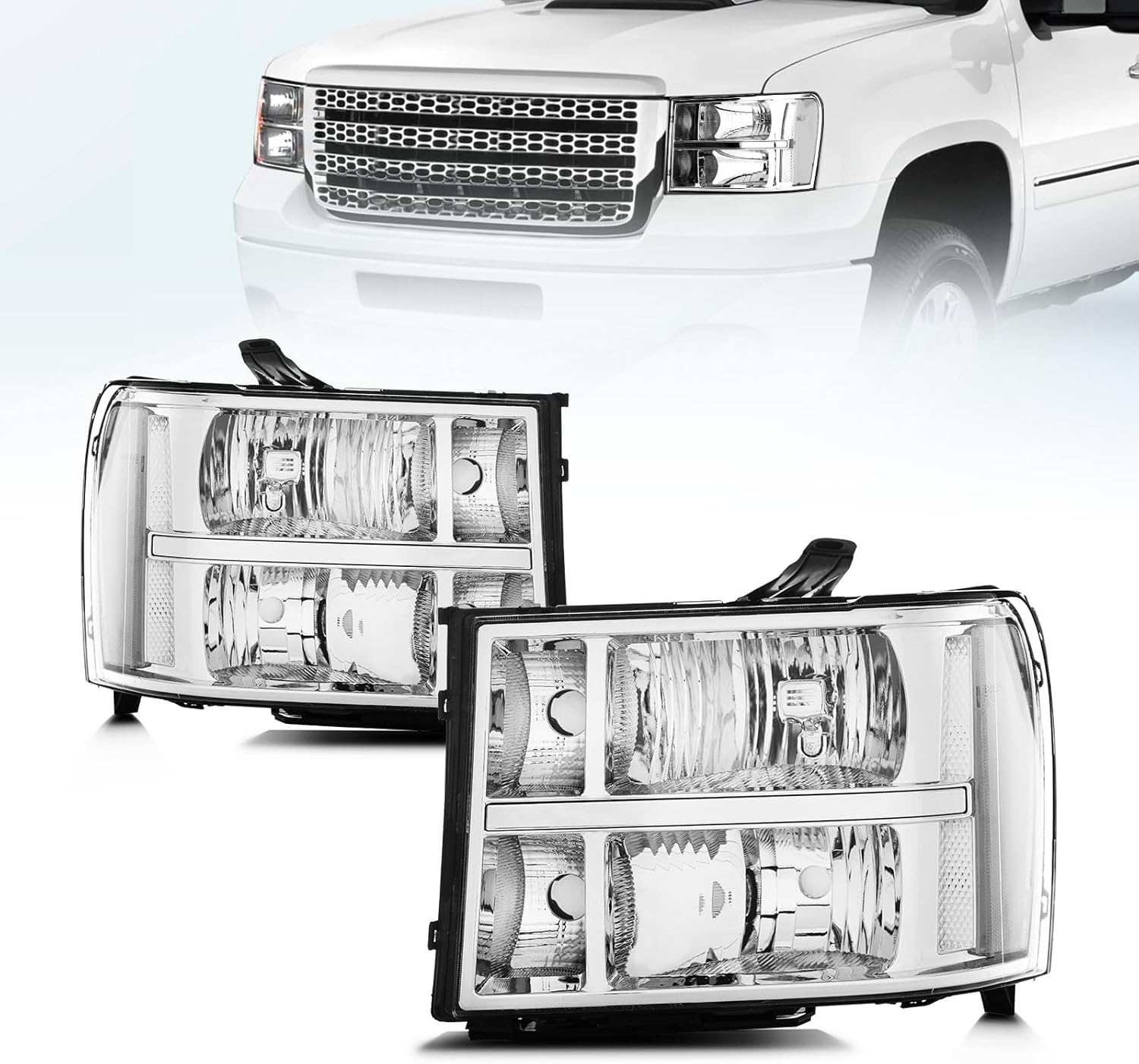 Headlight Assembly For 2007-2013 Gmc Sierra 1500/20007-2014 Gmc Sierra 2500, 3500, Driver & Passenger Side, Chrome Housing, Driver & Passenger Side, Chrome Housing, OE Replacement (No Bulbs)