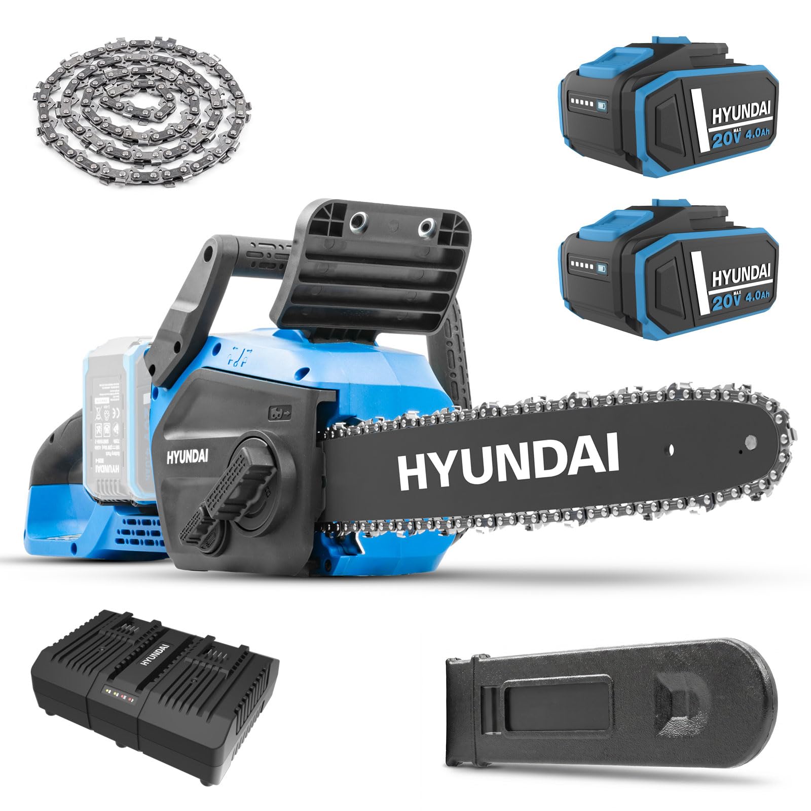 Hyundai 14” / 350mm 40V Cordless Chainsaw (2x20V), Brushless Motor, Auto Chain Oiling, Anti-Kickback Brake, 2X 4.0Ah Batteries & Charger