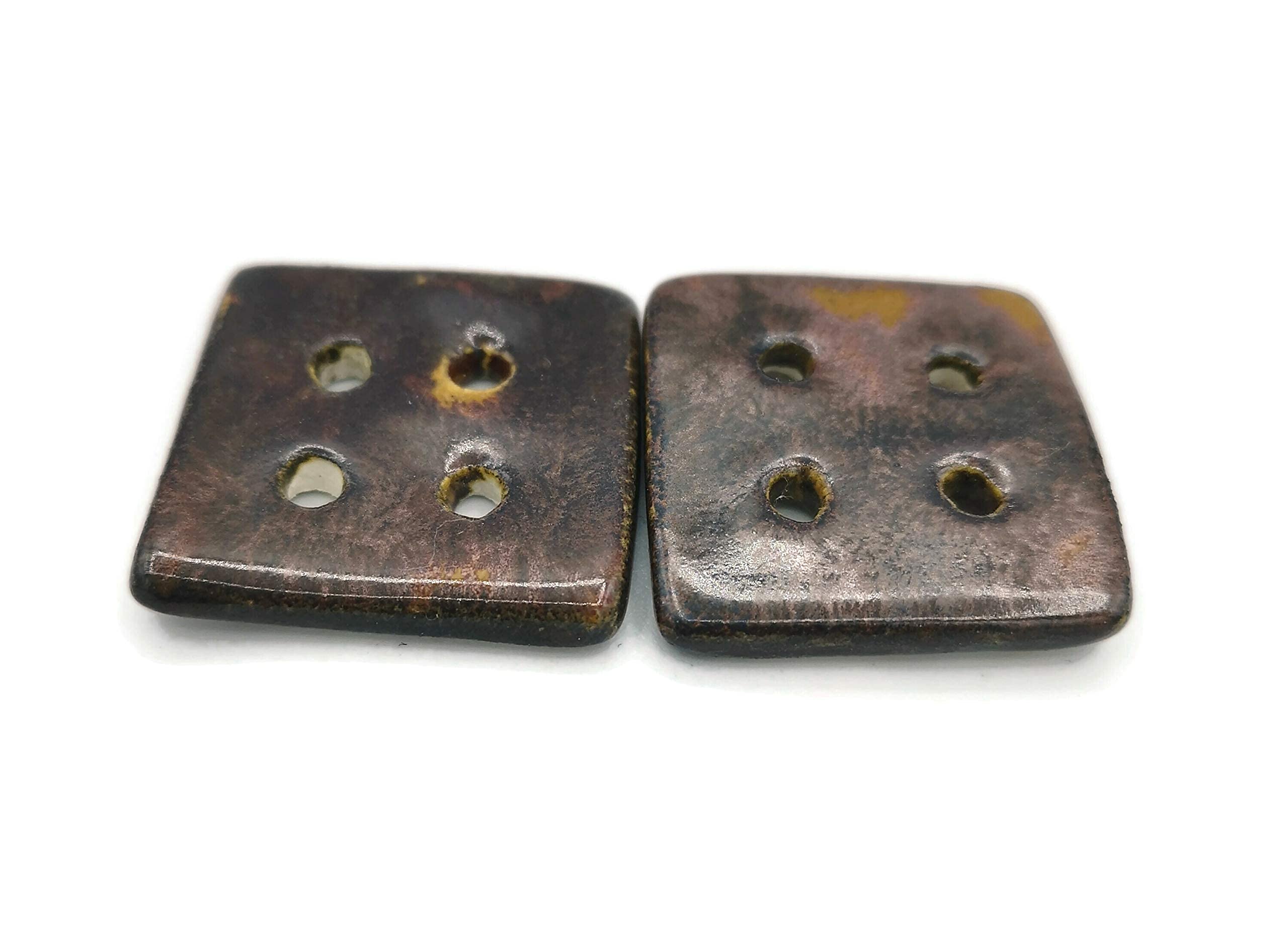 Set of 2 Novelty 30mm Square Large Buttons for Sewing, Decoration, or Knitting, 4 Holes, Handmade Ceramic