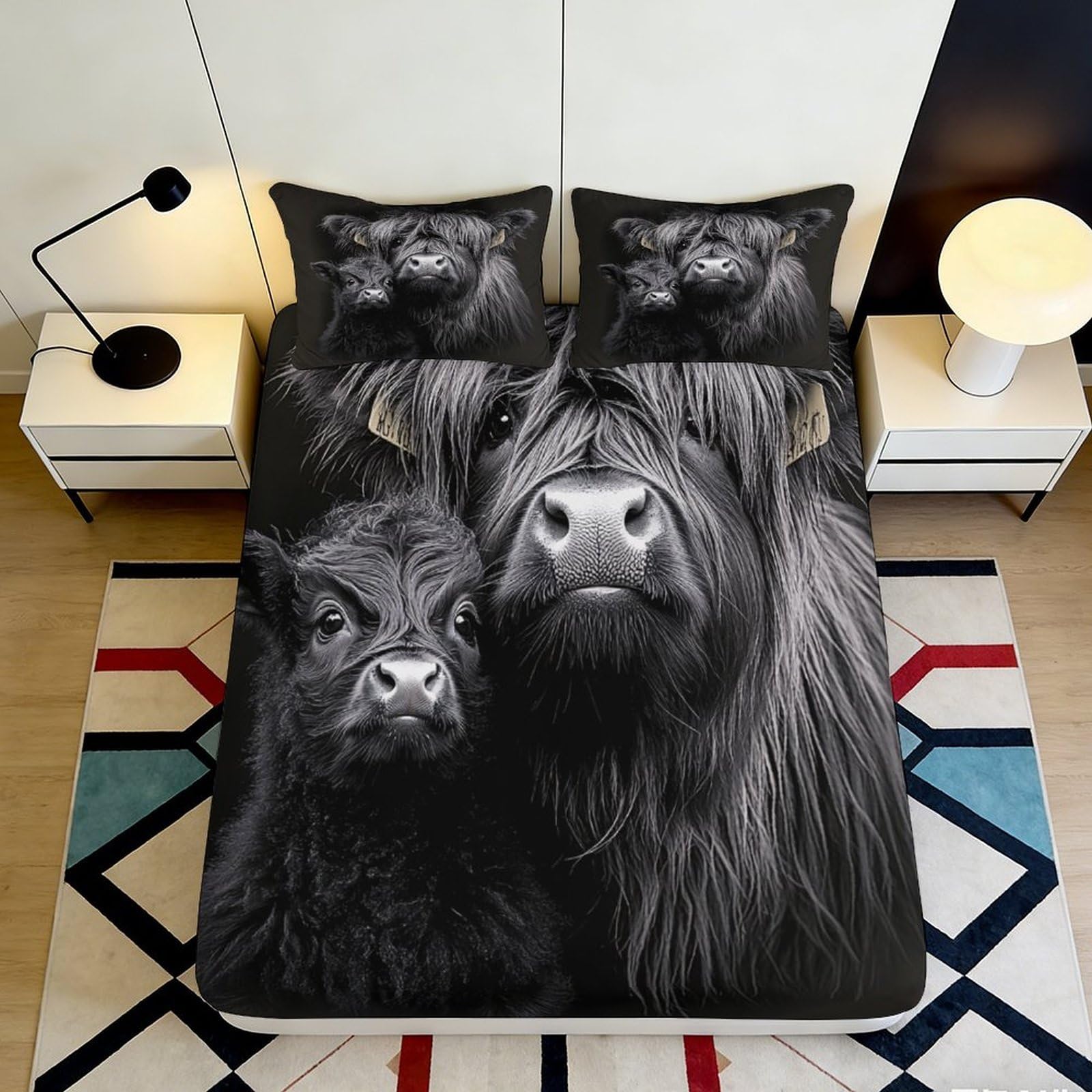 3D Printed Highland Cow Microfiber Fitted Sheet Deep Pocket Non-Slip Bedding Set Highland Cow Mattress Fitted Cover for Adults Teens Bedrooms Washable 90x200x25cm
