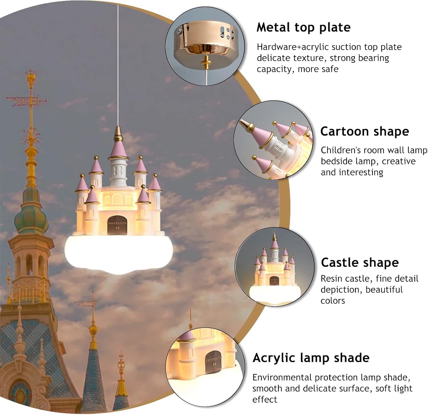 Cartoon Kids Pendant Light Pink Castle Resin Chandelier Modern Creative Castle Crown with Acrylic Lampshade Mini Chandelier for Children's Room Bedroom Living Room Dining Room