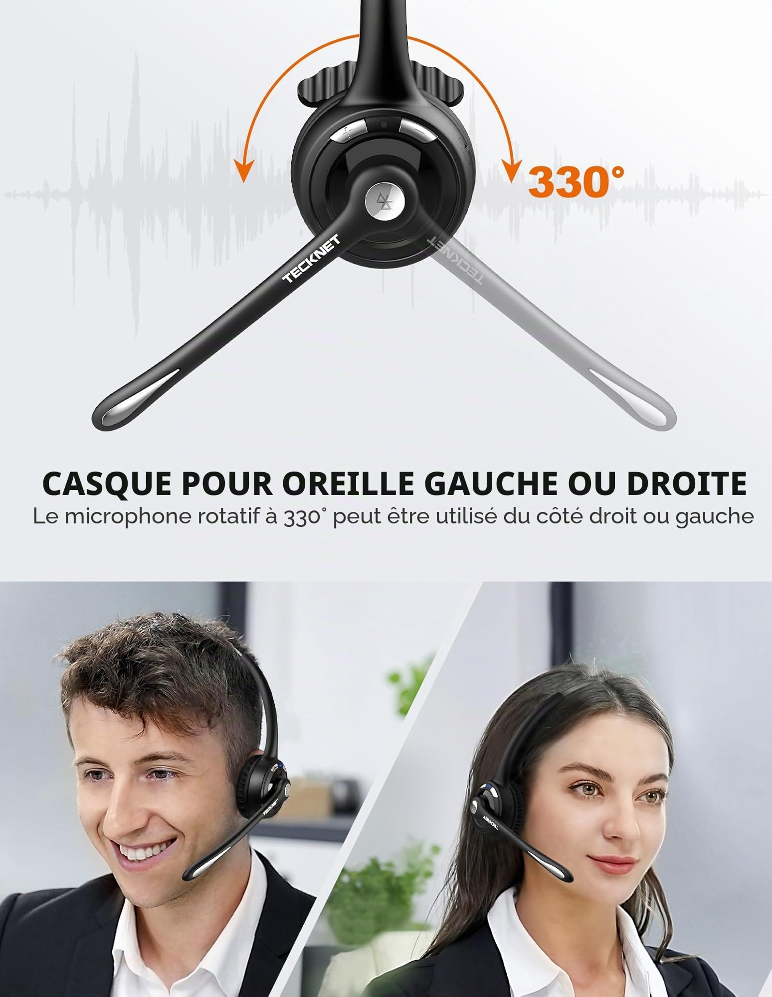 TECKNET Casque Bluetooth sans Fil avec Microphone Antibruit Mains Libres