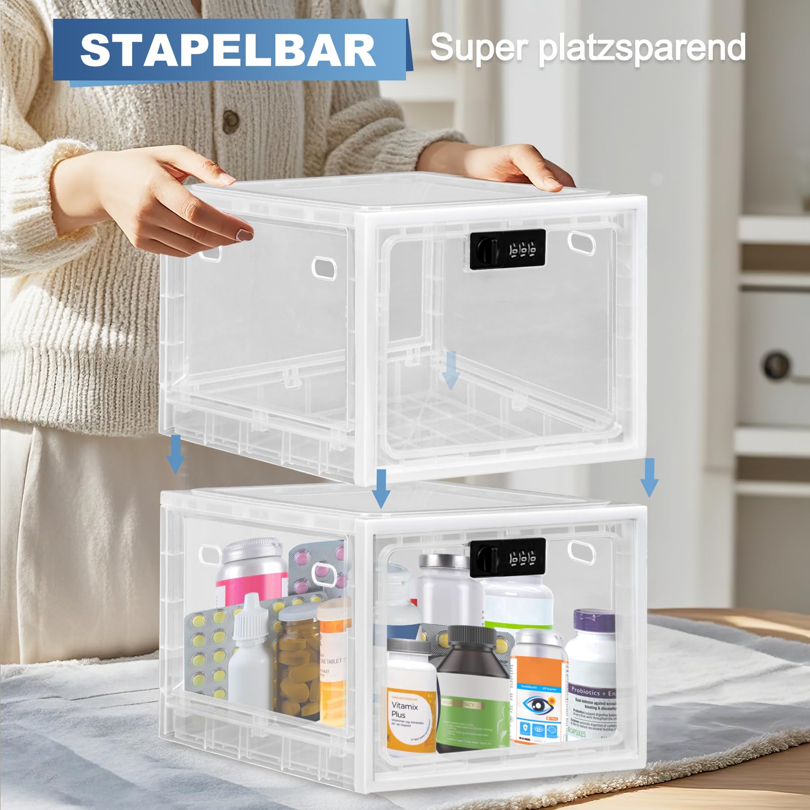 Gemaxvoled Abschließbare Box– Transparente Medikamentenbox zur Kindersicherung, Handy-Sperre & Snack-Kontrolle – BPA-freies Material, 12,6 Liter Fassungsvermögen, stapelbar & belüftet