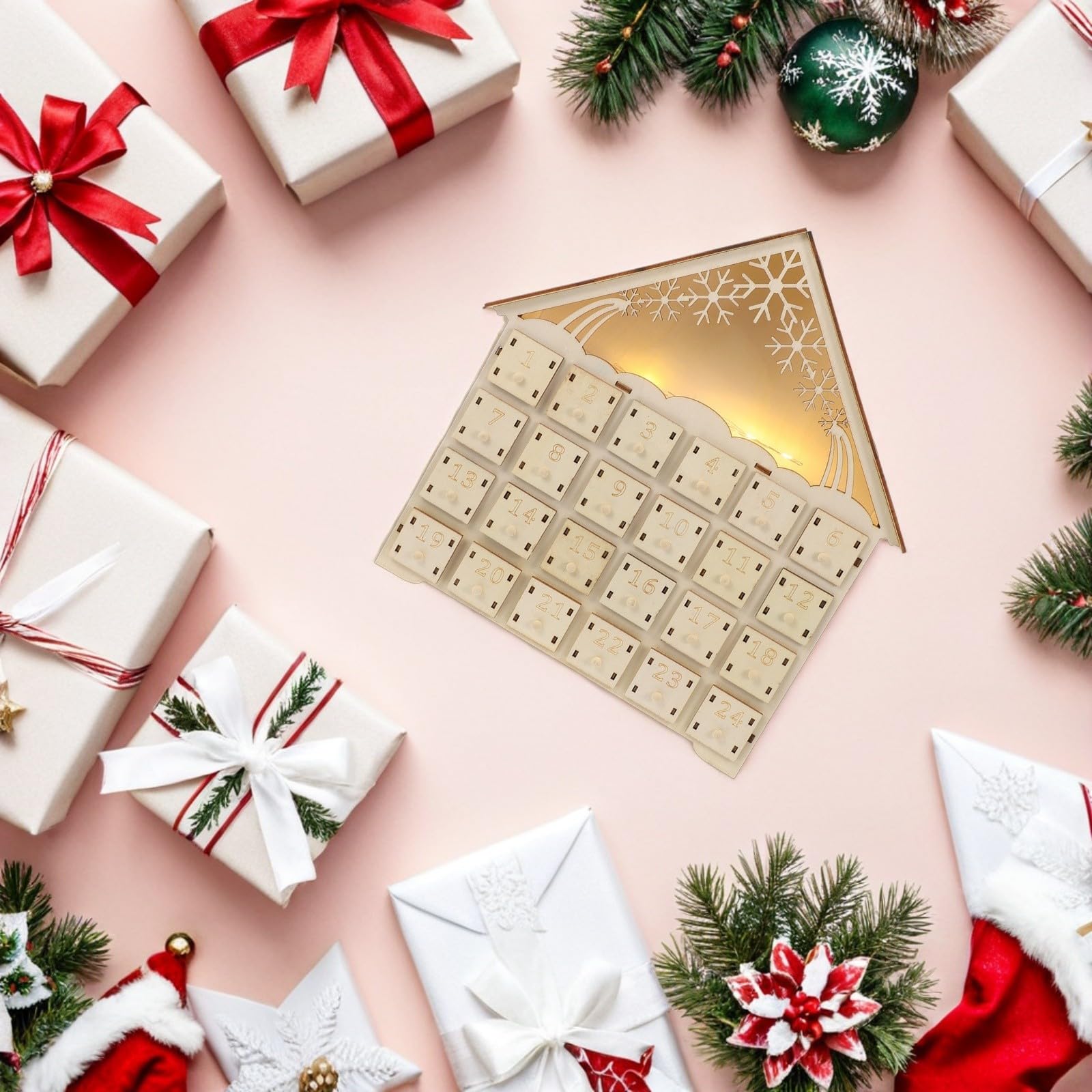 SHINEOFI 3 Stück LED Adventskalender mit 24 Schubladen, Dekorativ, 2025 | Beleuchteter Weihnachtskalender, Wiederverwendbar mit Boxen, für Mantel